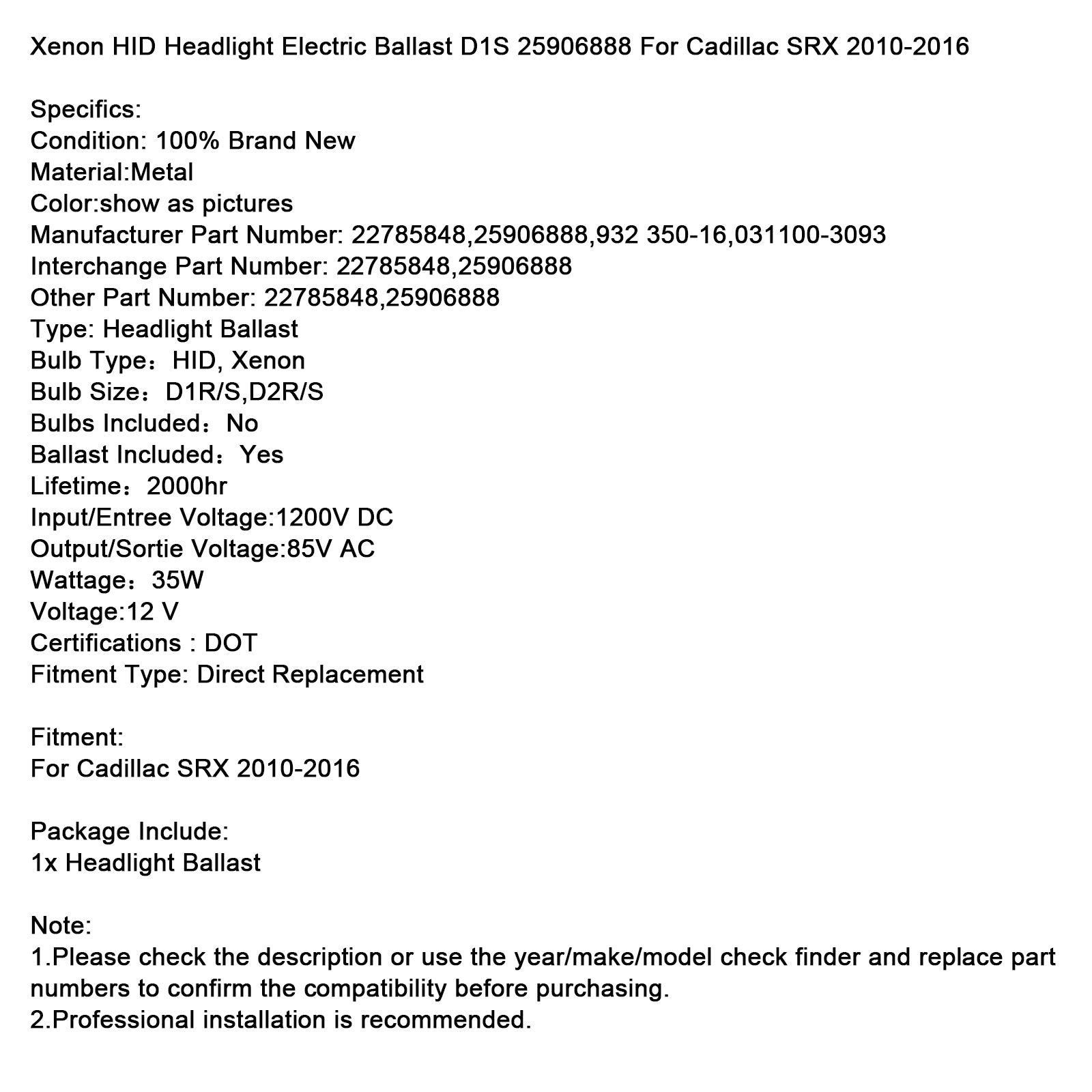 2010-2016 Cadillac SRX Xenon HID Svetlomet Elektrický balast D1S 25906888