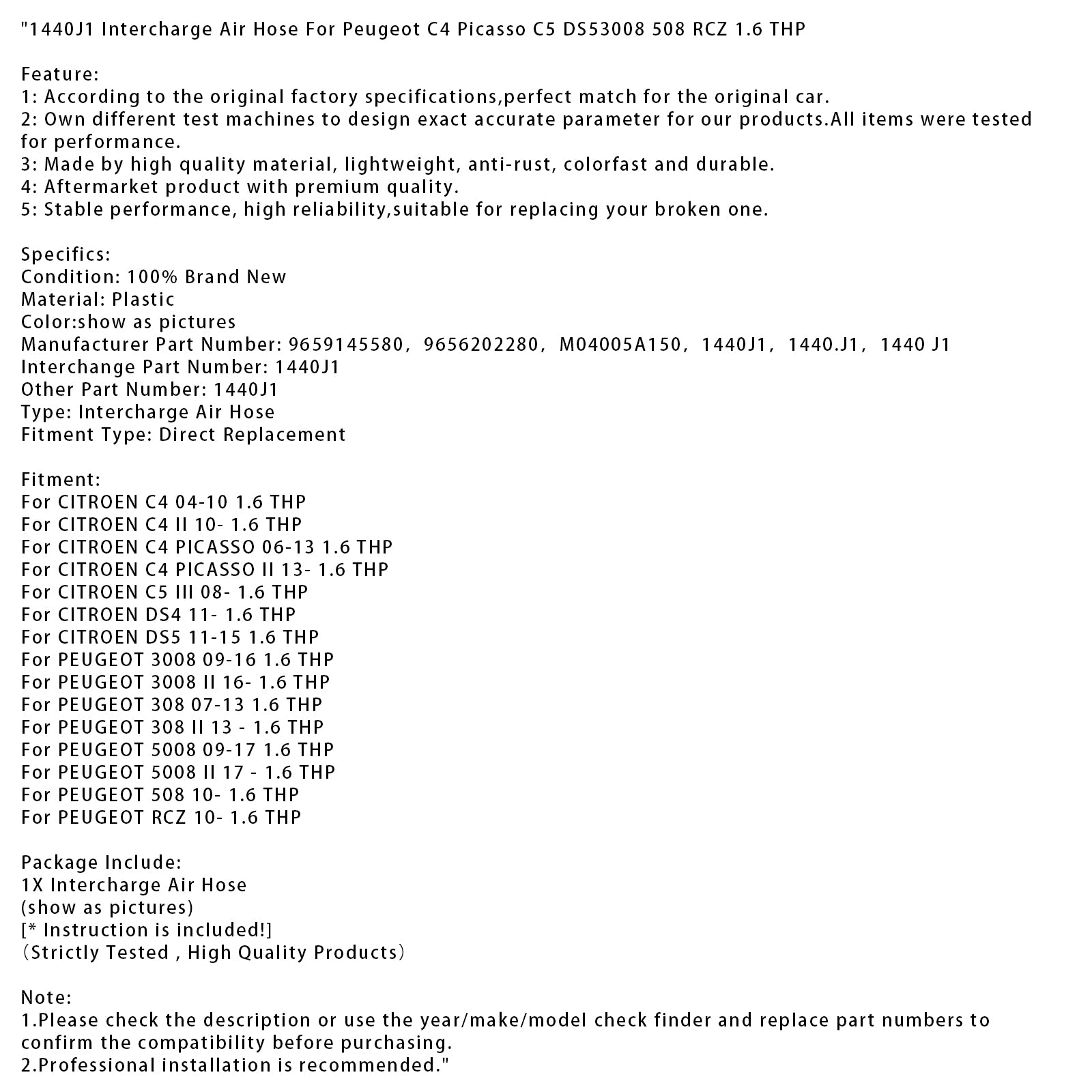 1440J1 Intercharge Luftslang För Peugeot C4 Picasso C5 DS53008 508 RCZ 1,6 THP