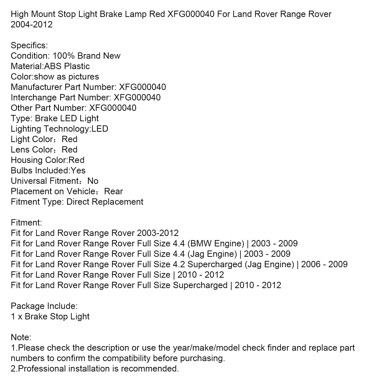 Lampe de frein à haut stop à montage rouge XFG000040 pour Land Rover Range Rover
