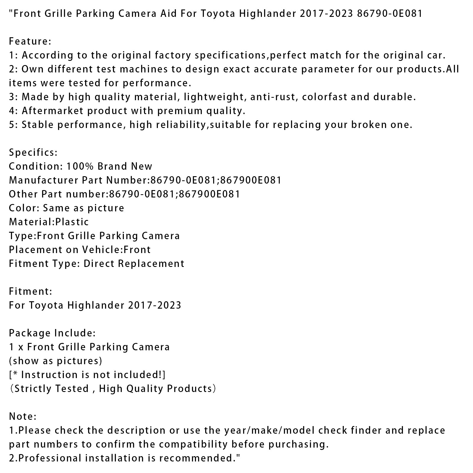 2017-2023 Toyota Highlander Front Grille Parking Camera Aid 86790-0E081