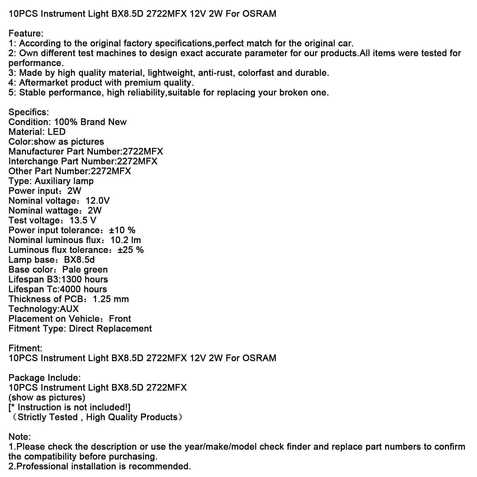 10ks prístrojové svetlo BX8.5D 2722MFX 12V 2W pre Osram