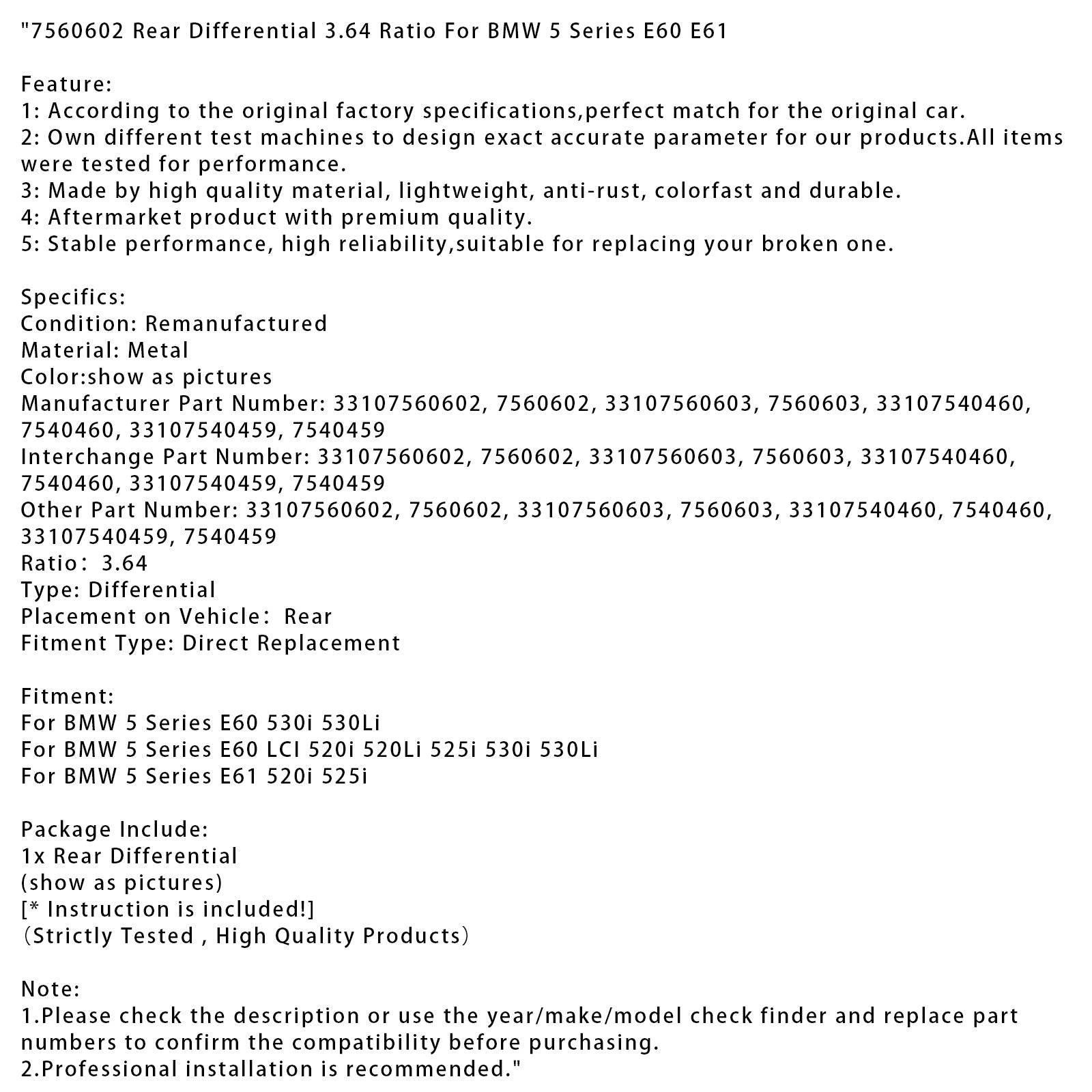 7560602 Rear Differential 3.64 Ratio For BMW 5 Series E60 E61