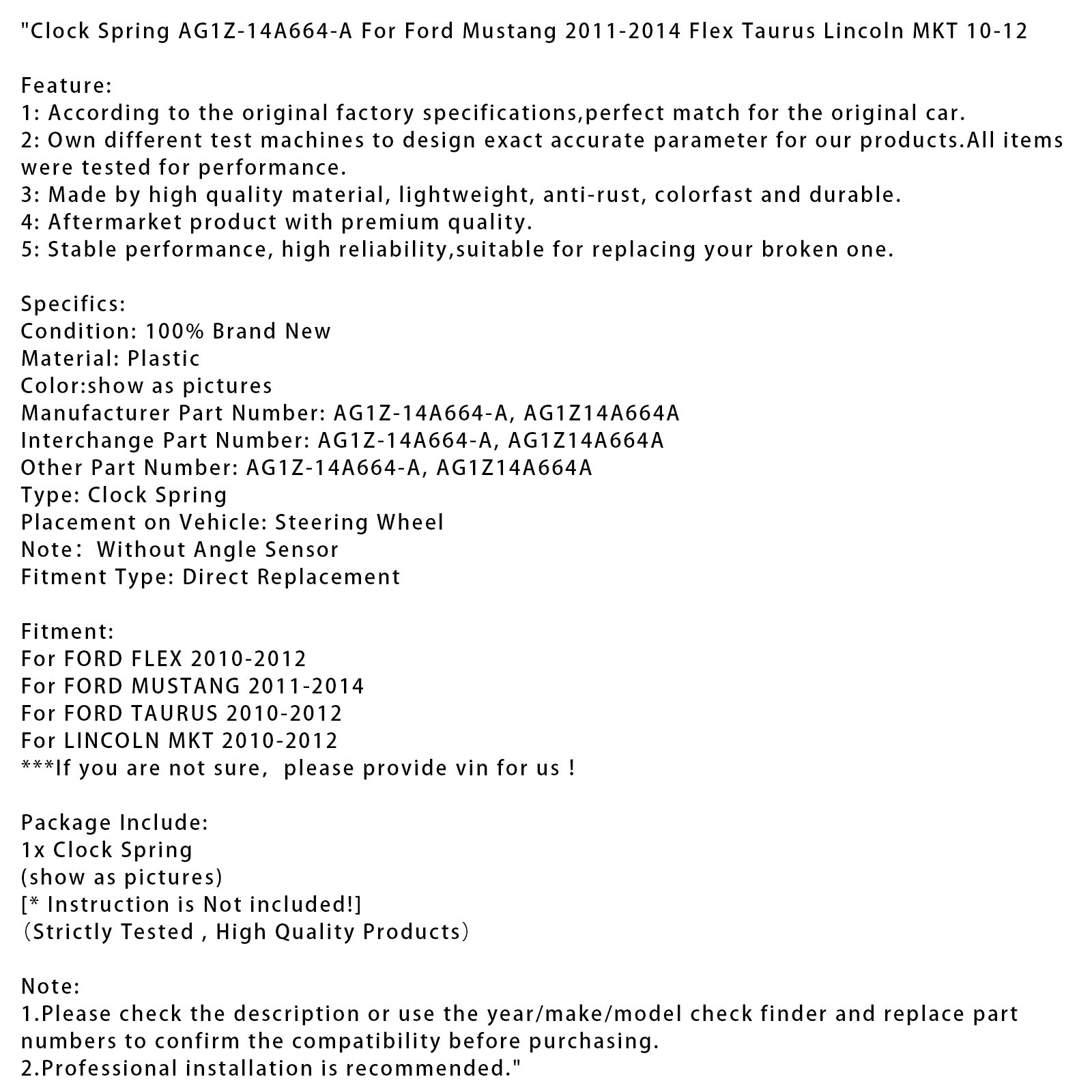 Clock Spring AG1Z-14A664-A pour Ford Mustang 2011-2014 Flex Taurus Lincoln Mkt