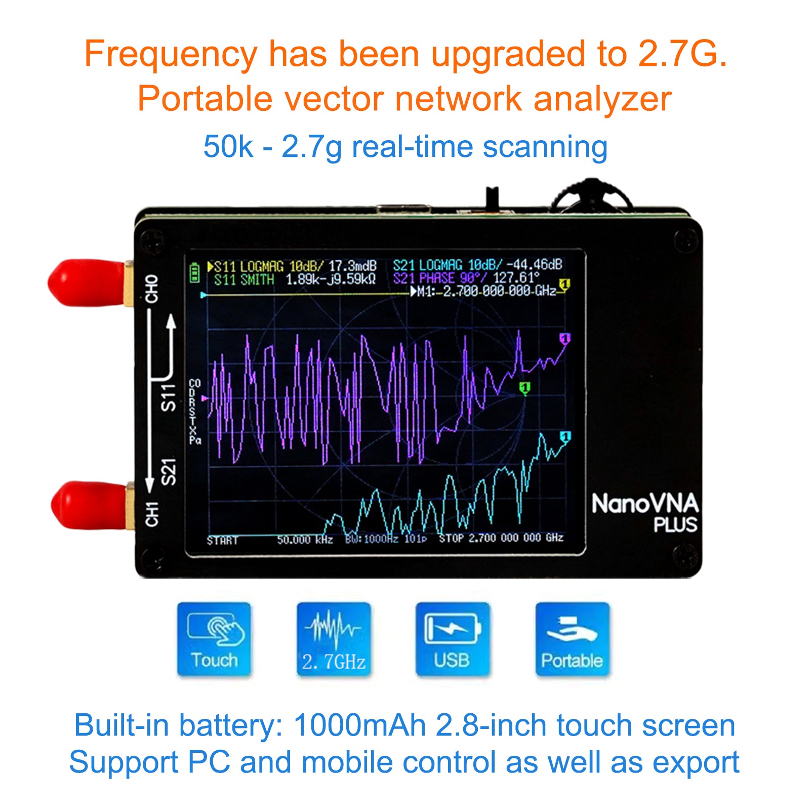 2,8 tommer oppgradert Nanovna pluss 50kHz-2,7GHz håndholdt vektor nettverksanalysator
