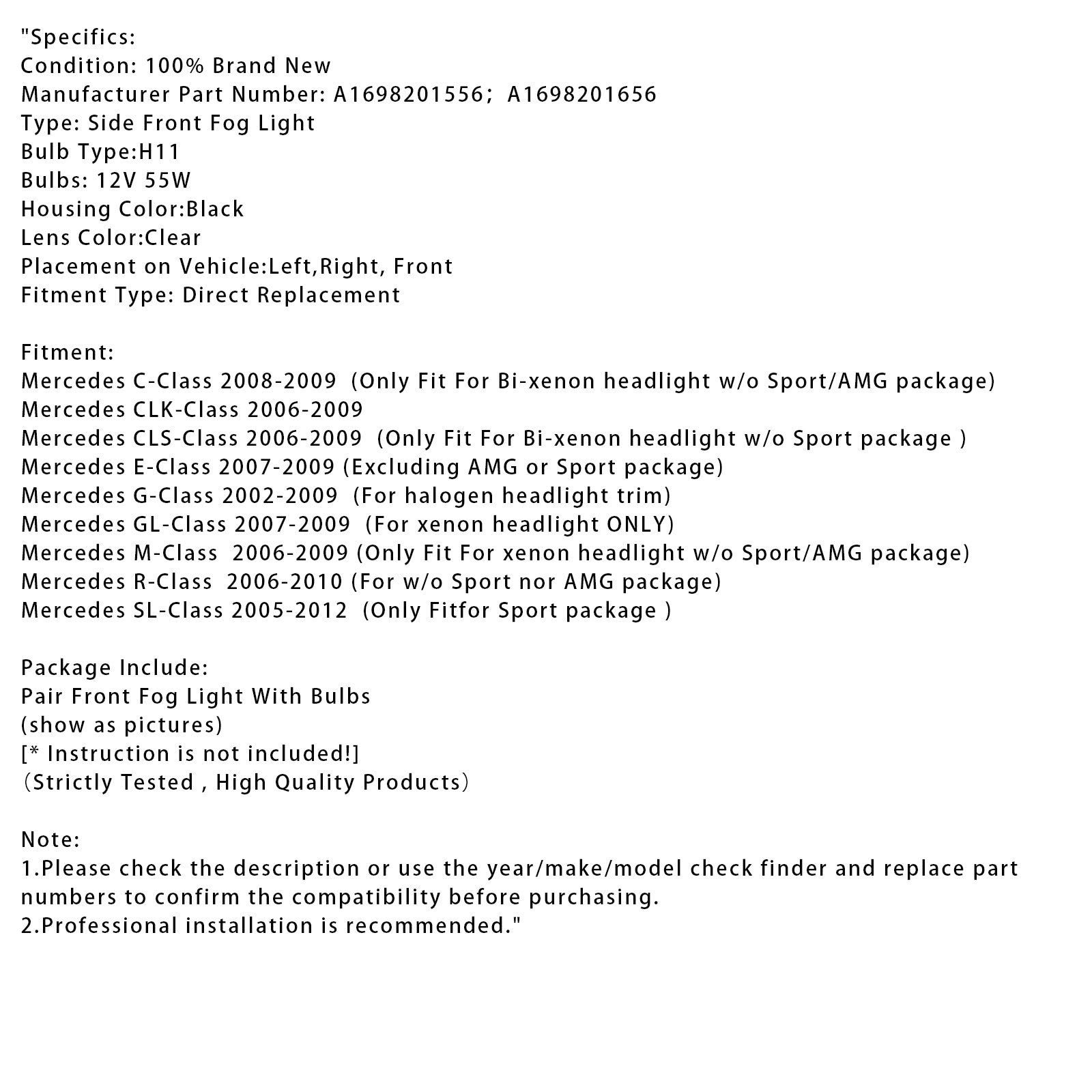 Par de luces antiniebla delanteras Mercedes Clase C 2008-2009 con bombillas A1698201556 A1698201656