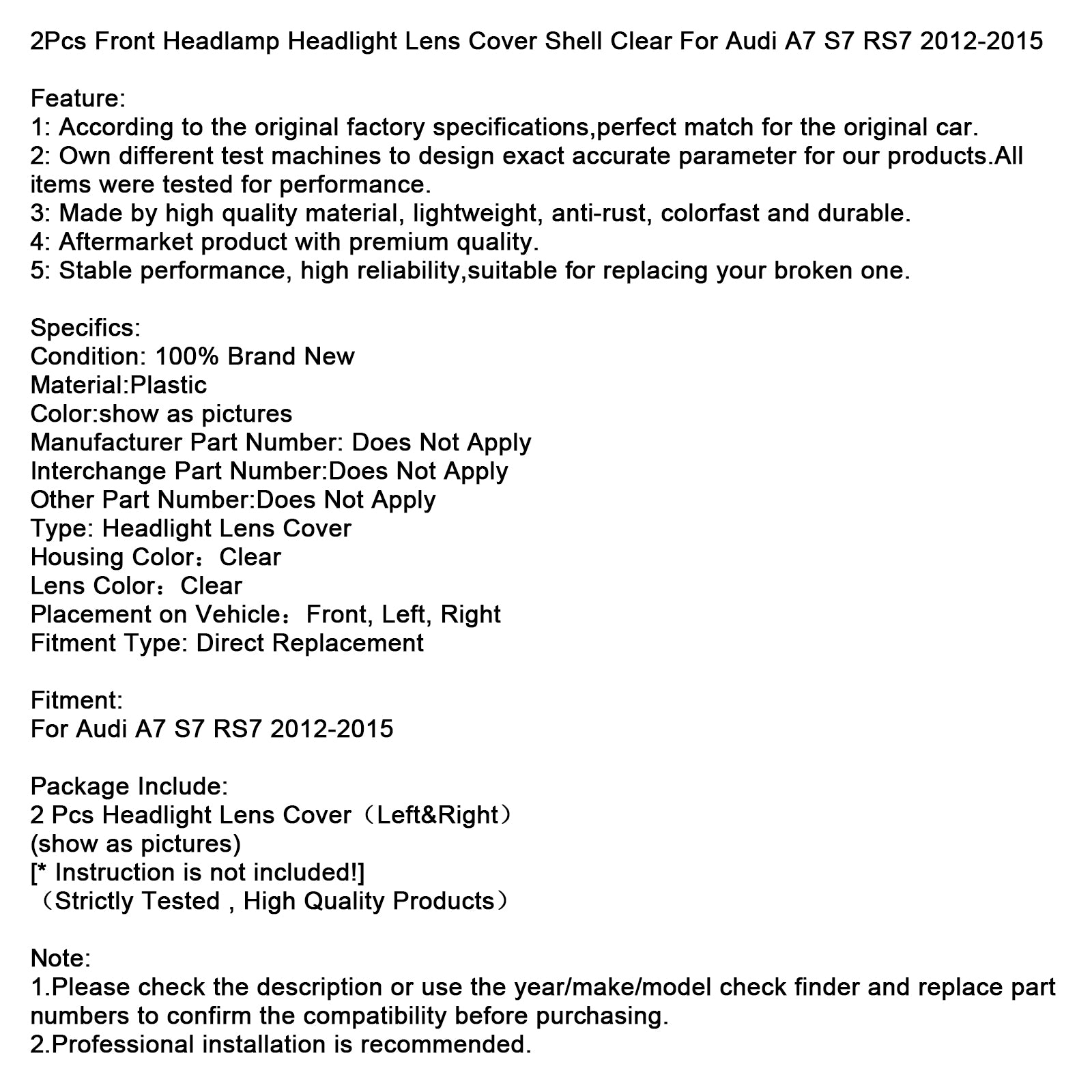 2012-2015 Audi A7 S7 RS7 2 pièces couvercle de lentille de phare avant coque transparente