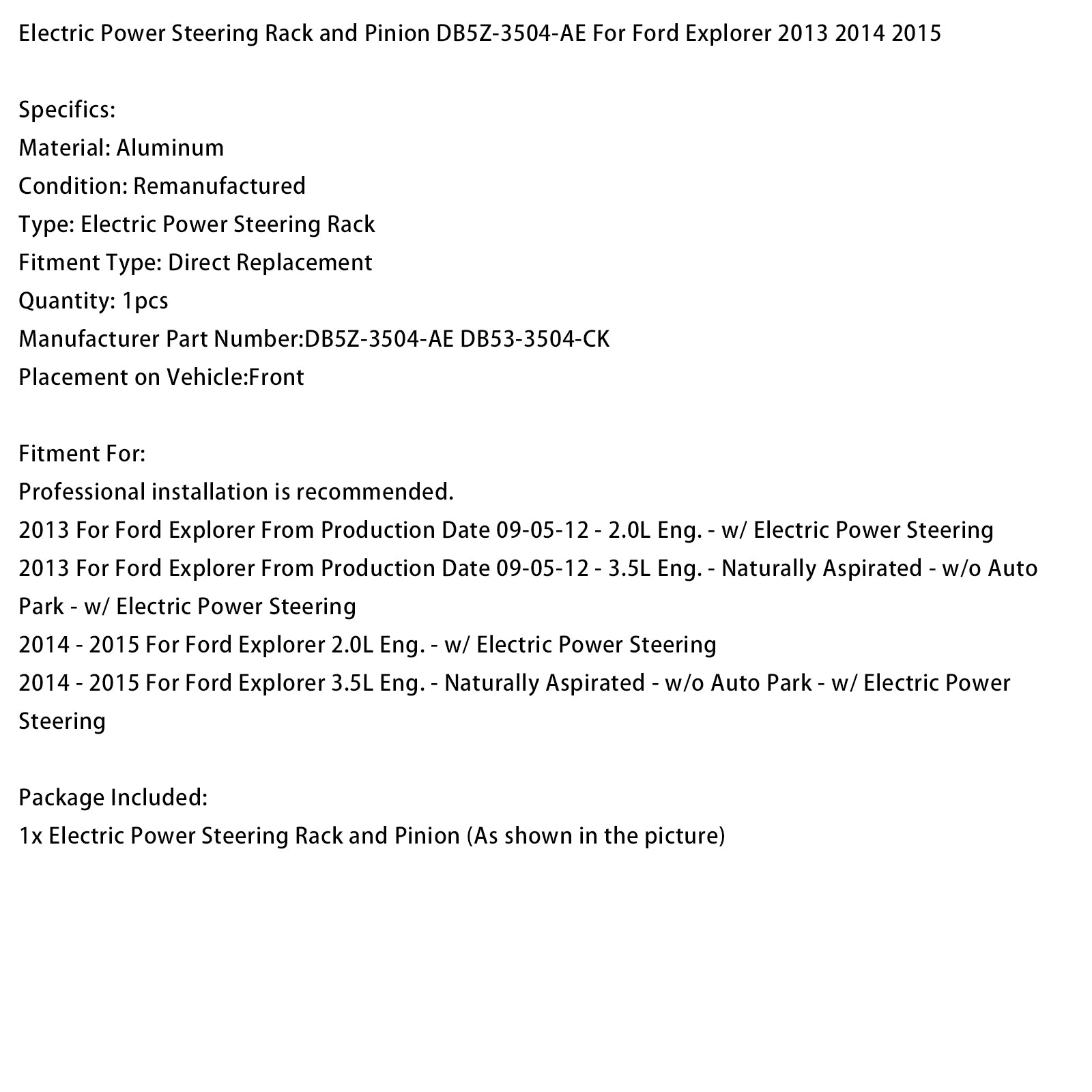 Electric Power Steering Rack and Pinion DB5Z-3504-AE For Ford Explorer 2013-2015