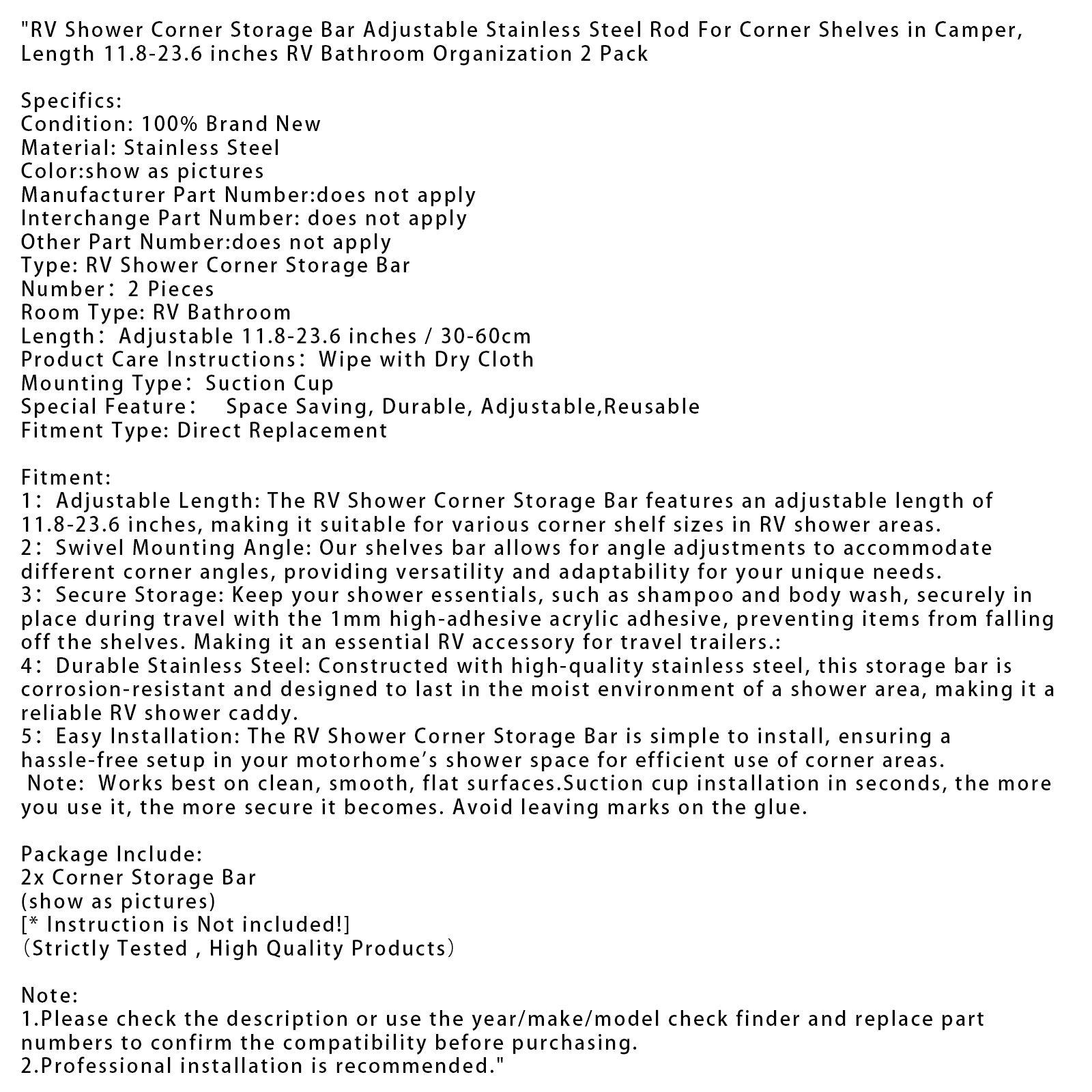 Barra de armazenamento de canto de chuveiro de 2x RV