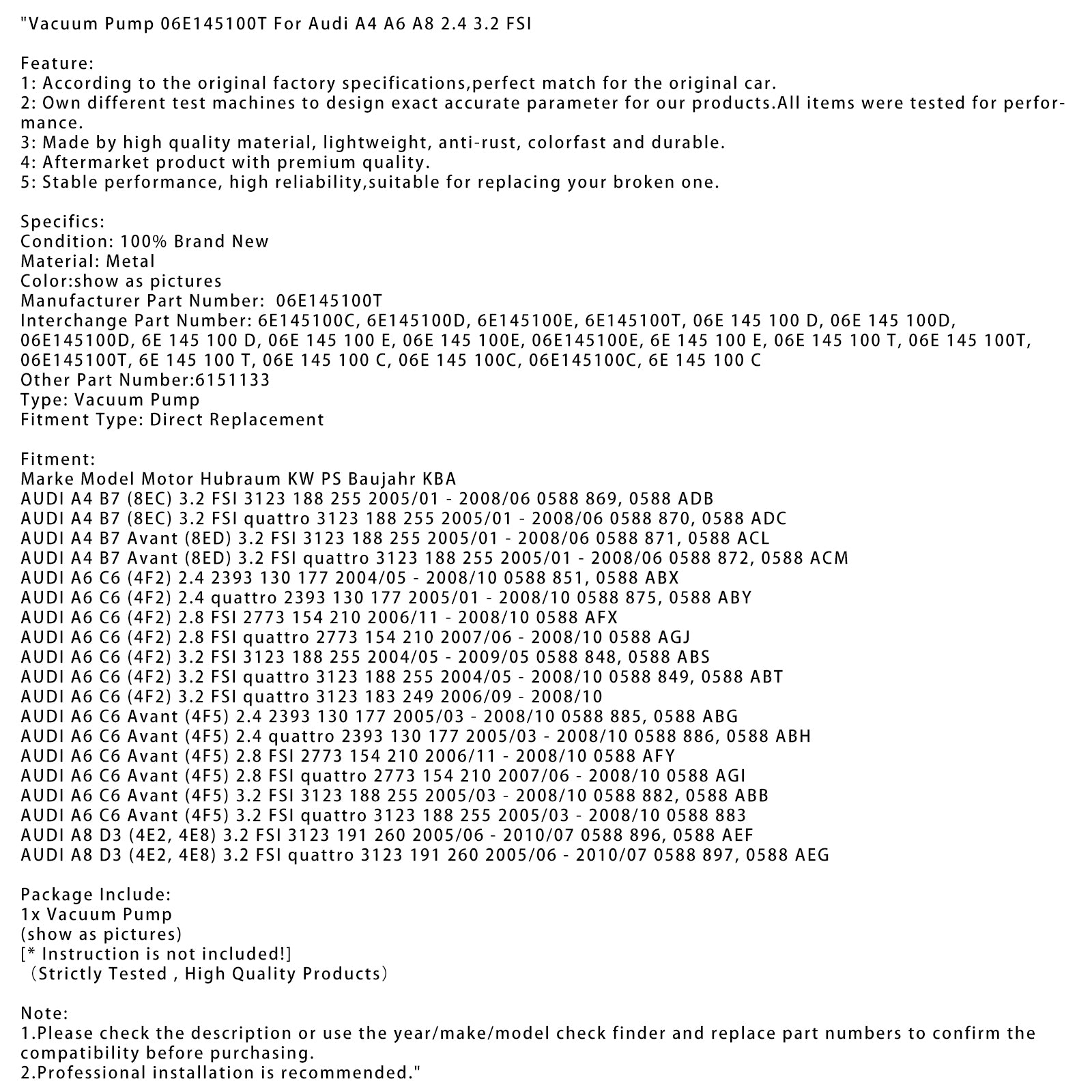 Vacuümpomp 06E145100T voor Audi A4 A6 A8 2.4 3.2 FSI