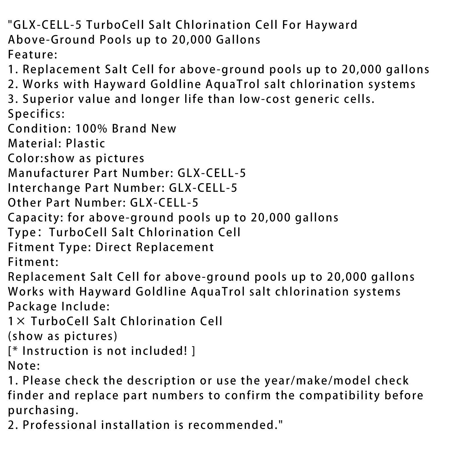 GLX-CELL-5 TurboCell-zoutchloreringscel voor Hayward-zwembad tot 20.000 gallons