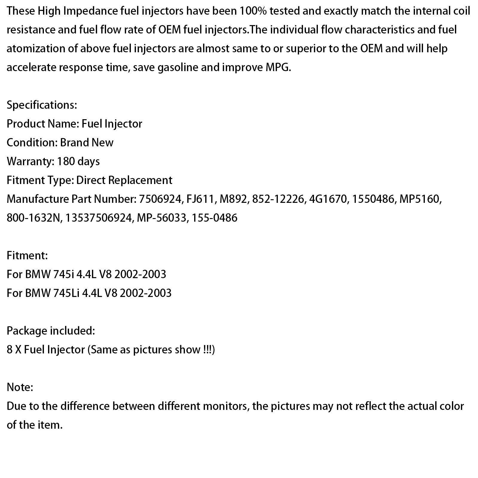 8pcs drivstoffinjektor 7506924 Fit BMW 745i 745LI 4.4L V8 2002-2003 155-0486