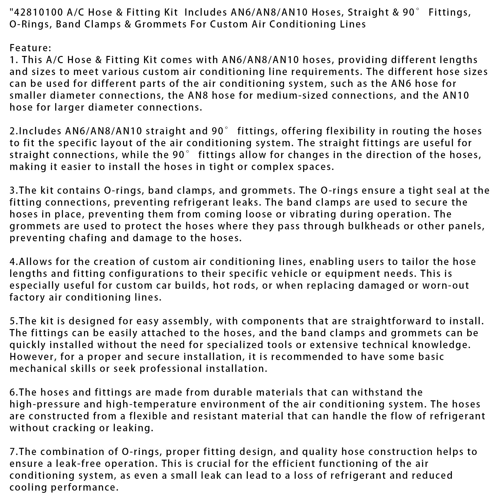 42810100 A/C Hose & Fitting Kit AN6/AN8/AN10 Hoses, Straight & 90° Fittings
