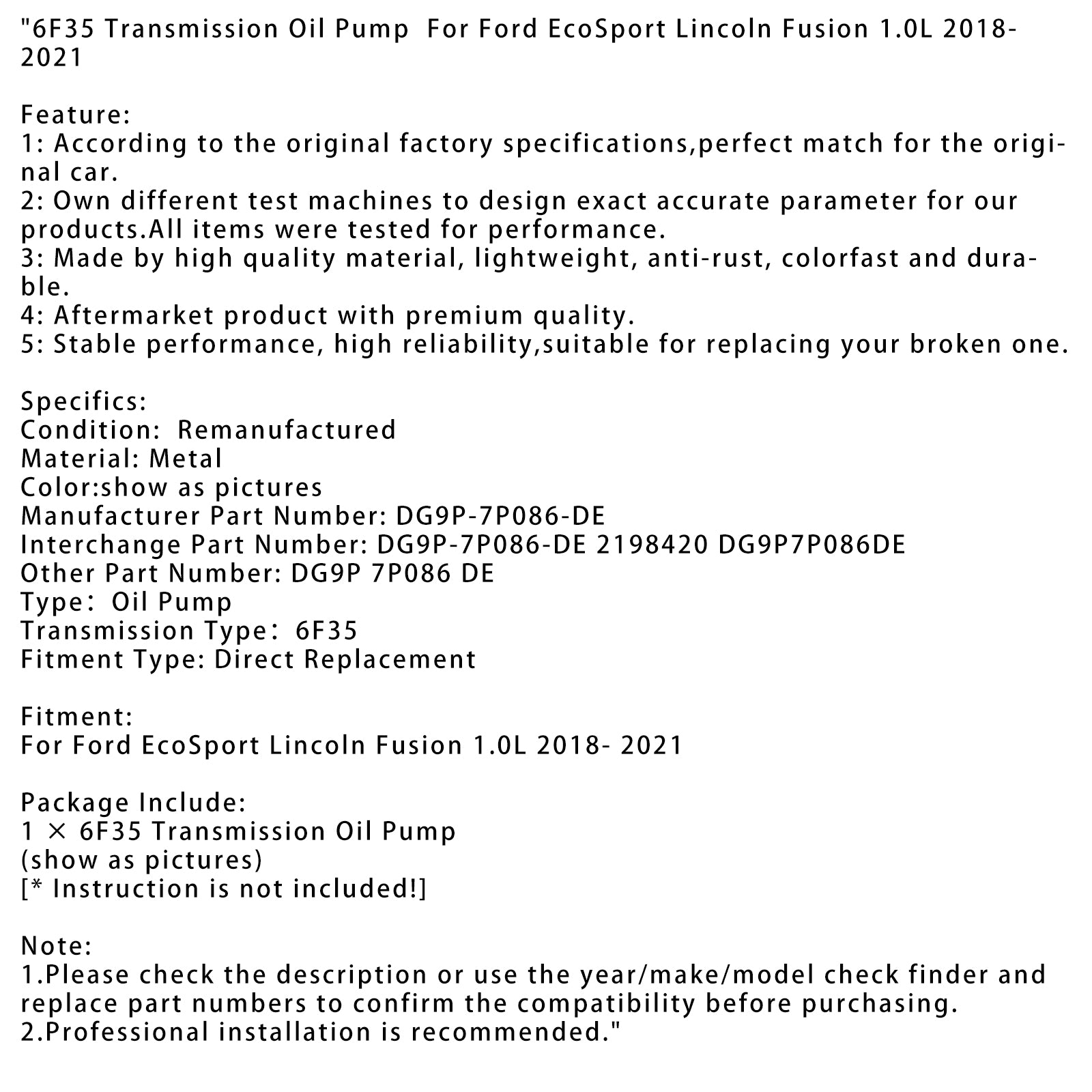 6F35 Transmission Oil Pump For Ford EcoSport Lincoln Fusion 1.0L 2018- 2021