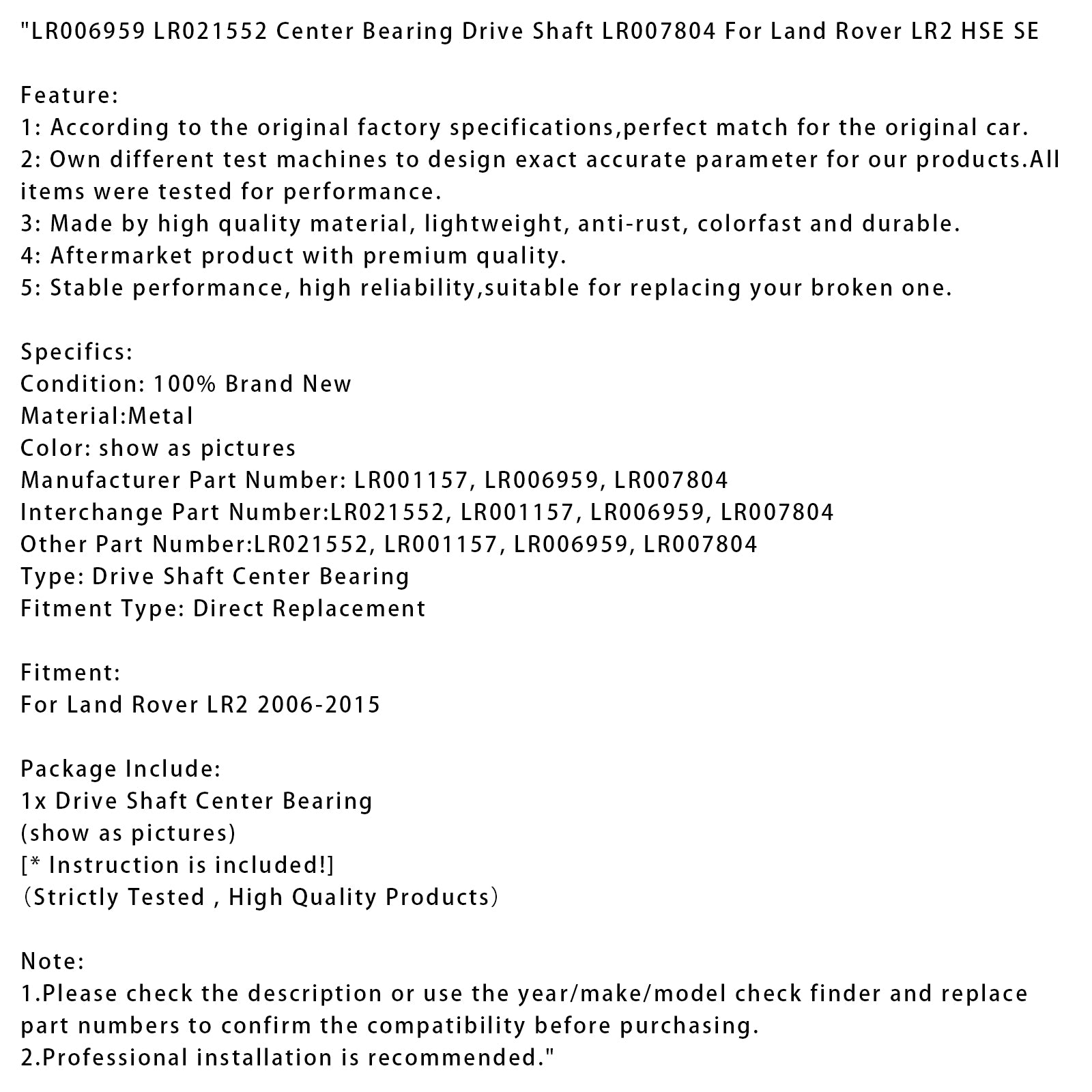 LR006959 LR021552 Eixo de acionamento de rolamento central LR007804 para Land Rover LR2 HSE SE