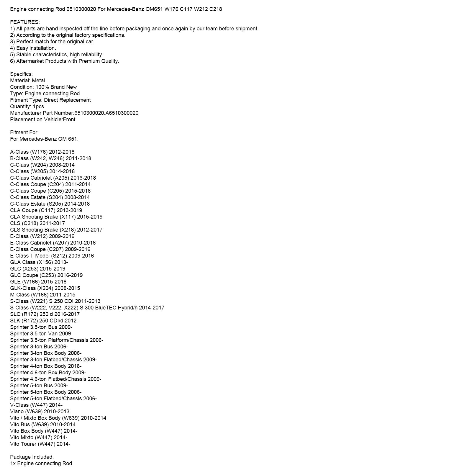 Bielle moteur 6510300020 pour Mercedes-Benz OM651 W176 C117 W212 C218