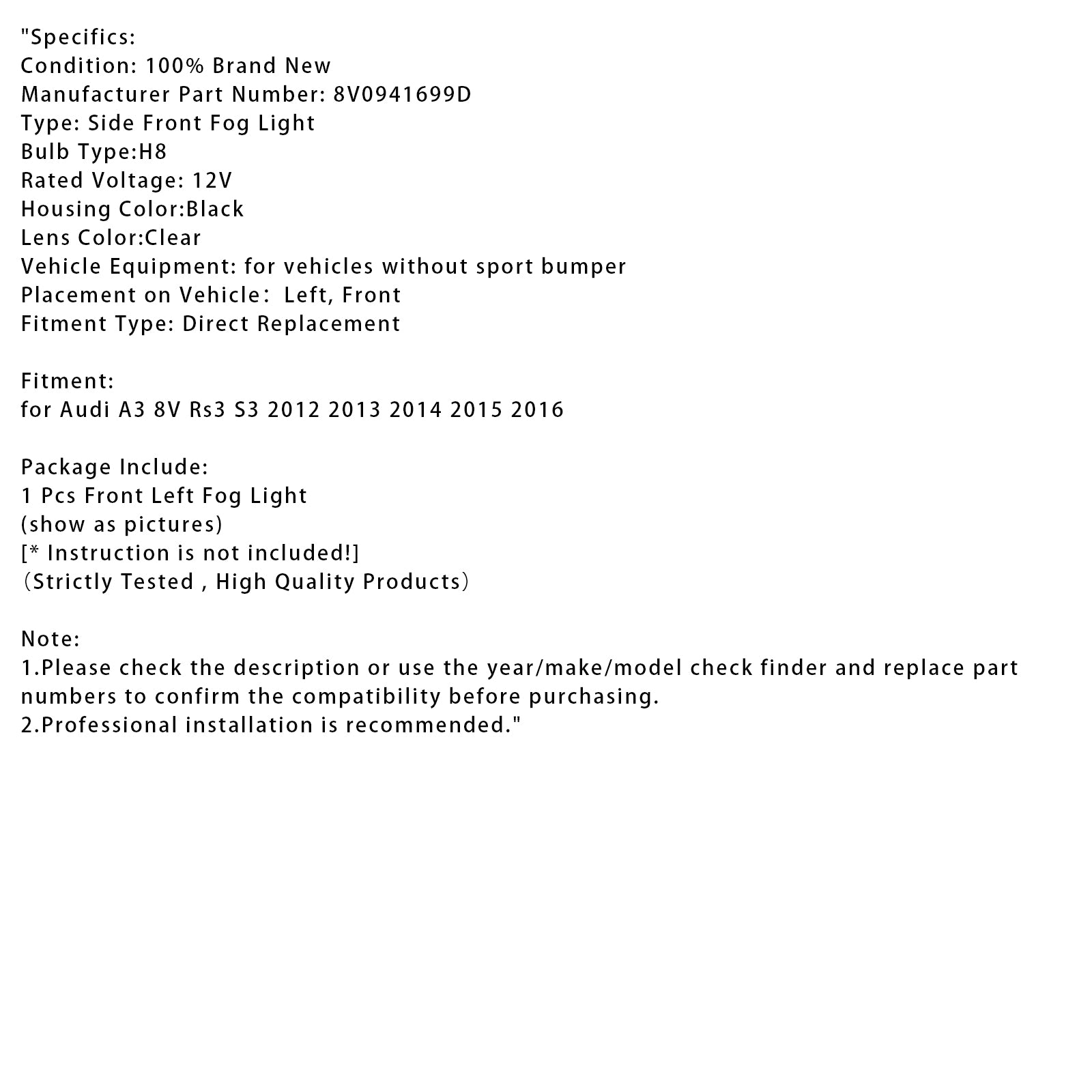 2012-2016 Audi A3 8V RS3 S3 1 PCS predné ľavé hmlové svetlá s žiarovkami s žiarovkami