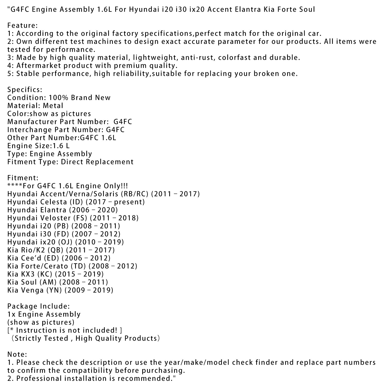 2007–2012 Hyundai i30 (FD) G4FC-motoreenheid 1.6L