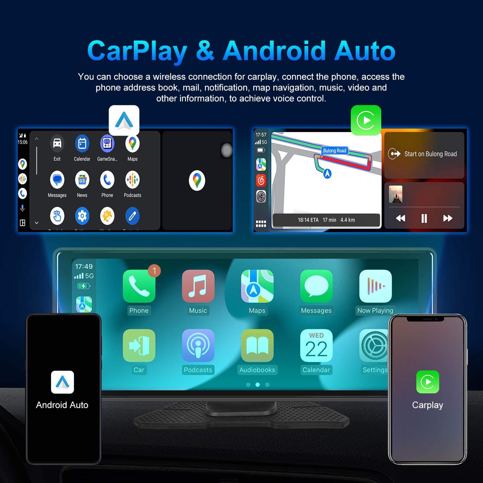 10.26"Navigation Bluetooth pour voiture Carplay HD, grand écran tactile, enregistreur, caméra AHD