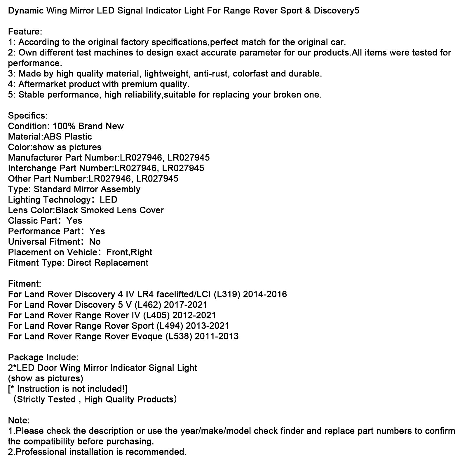 2pcs Dynamické krídlové zrkadlo LED signál Svetlo Svetlo pre Range Rover Sport