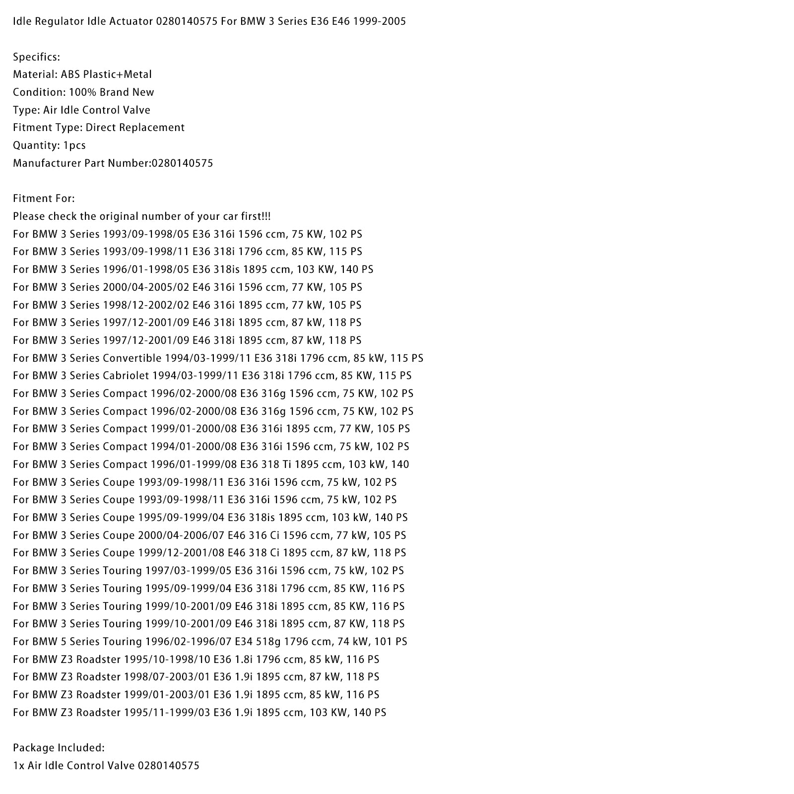 Idle Regulator Idle Actuator 0280140575 For BMW 3 Series E36 E46 1999-2005