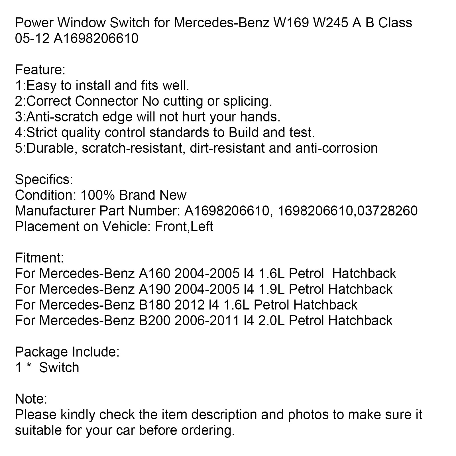 Interruptor de vidro elétrico principal para Mercedes-Benz W169  W245 1698206610