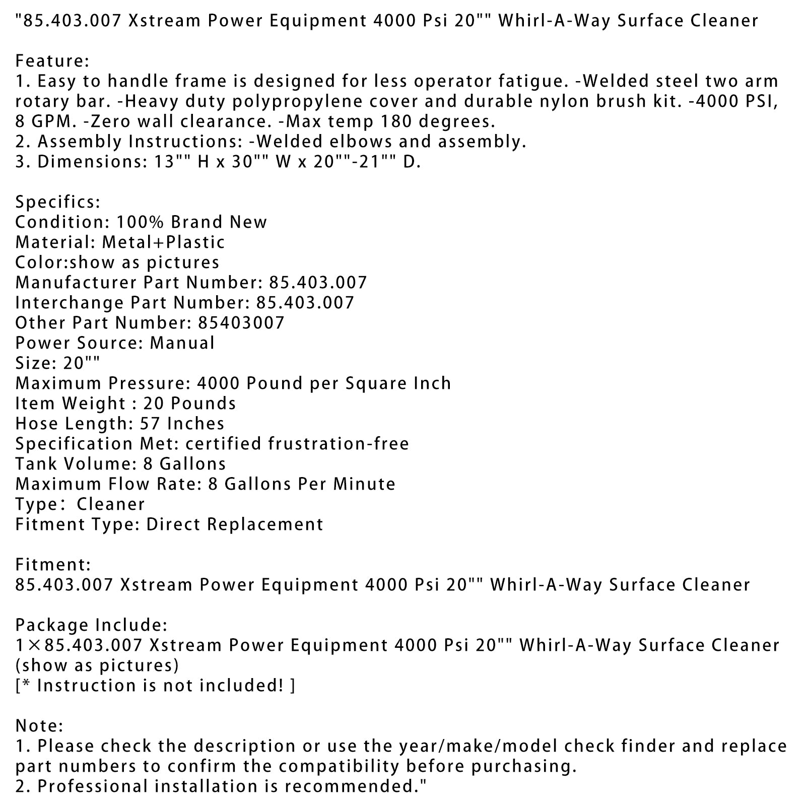 85.403.007 Xstream Power Equipment 4000 Psi 20" Whirl-A-Way Surface Cleaner