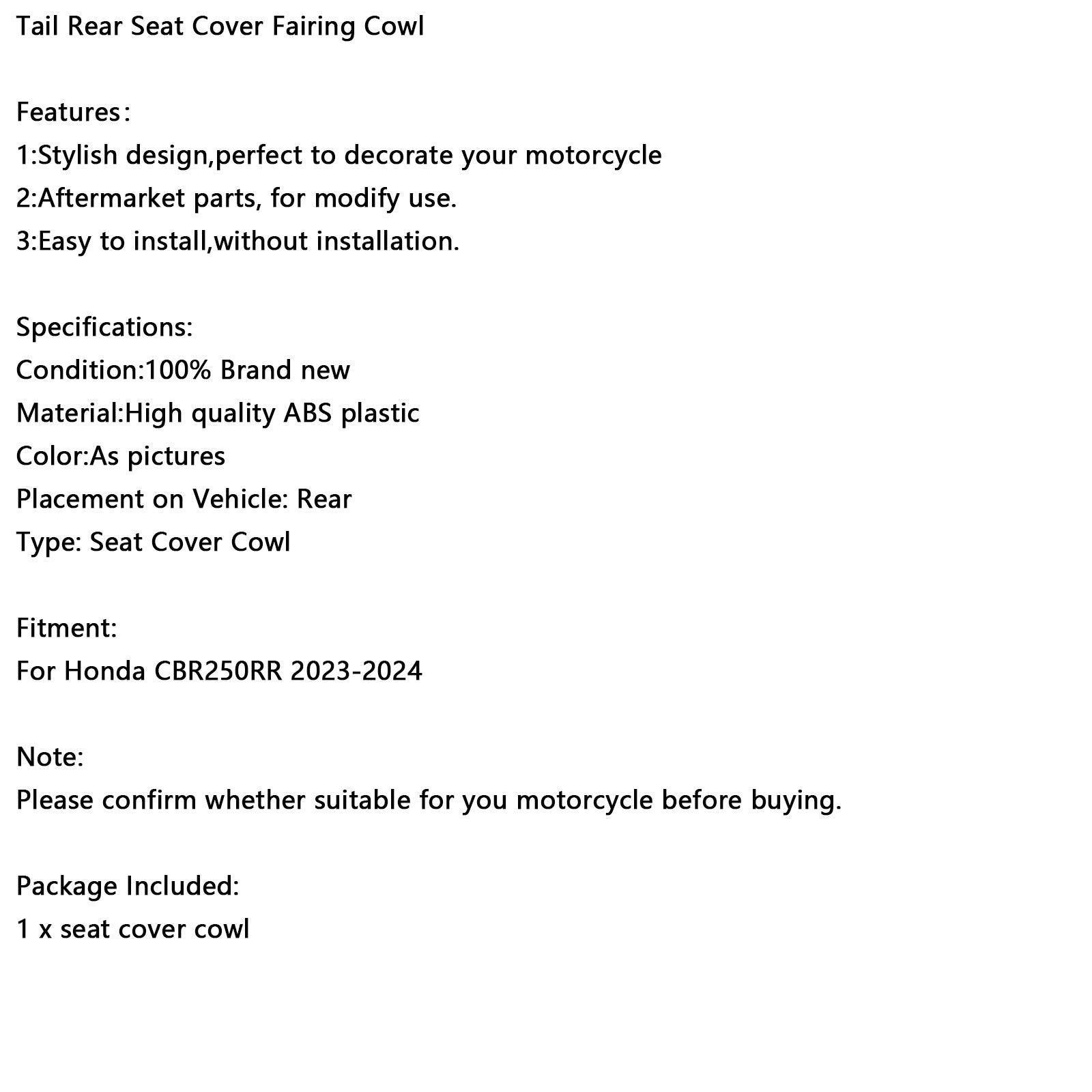 2023-2024 Honda CBR250RR Rear Tail Pillion Seat Fairing Cover