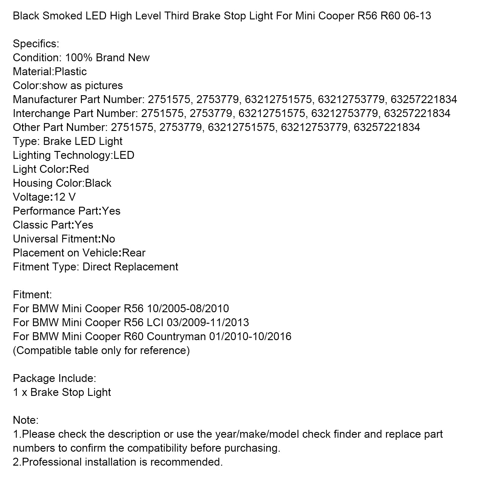Tercera luz de freno de alto nivel ahumada negra para Mini Cooper R56 R60 06-13