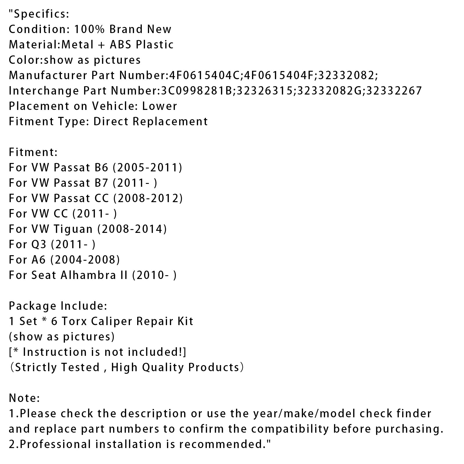 Kit de réparation de moteur d'étrier de frein arrière de stationnement Torx 6, pour Audi VW Passat 32332082