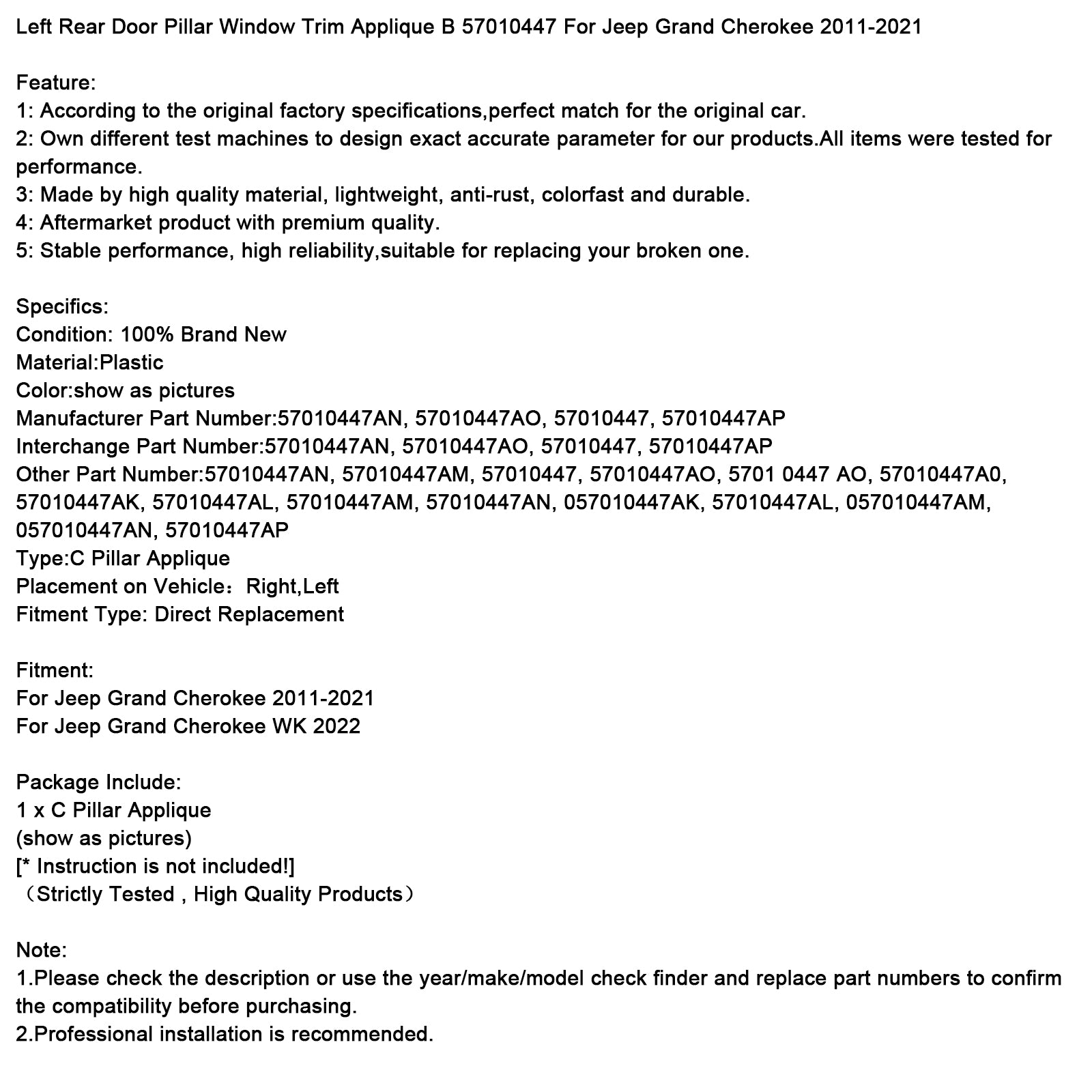 Left Rear Door Pillar Window Trim Applique B 57010447 For Jeep Grand Cherokee