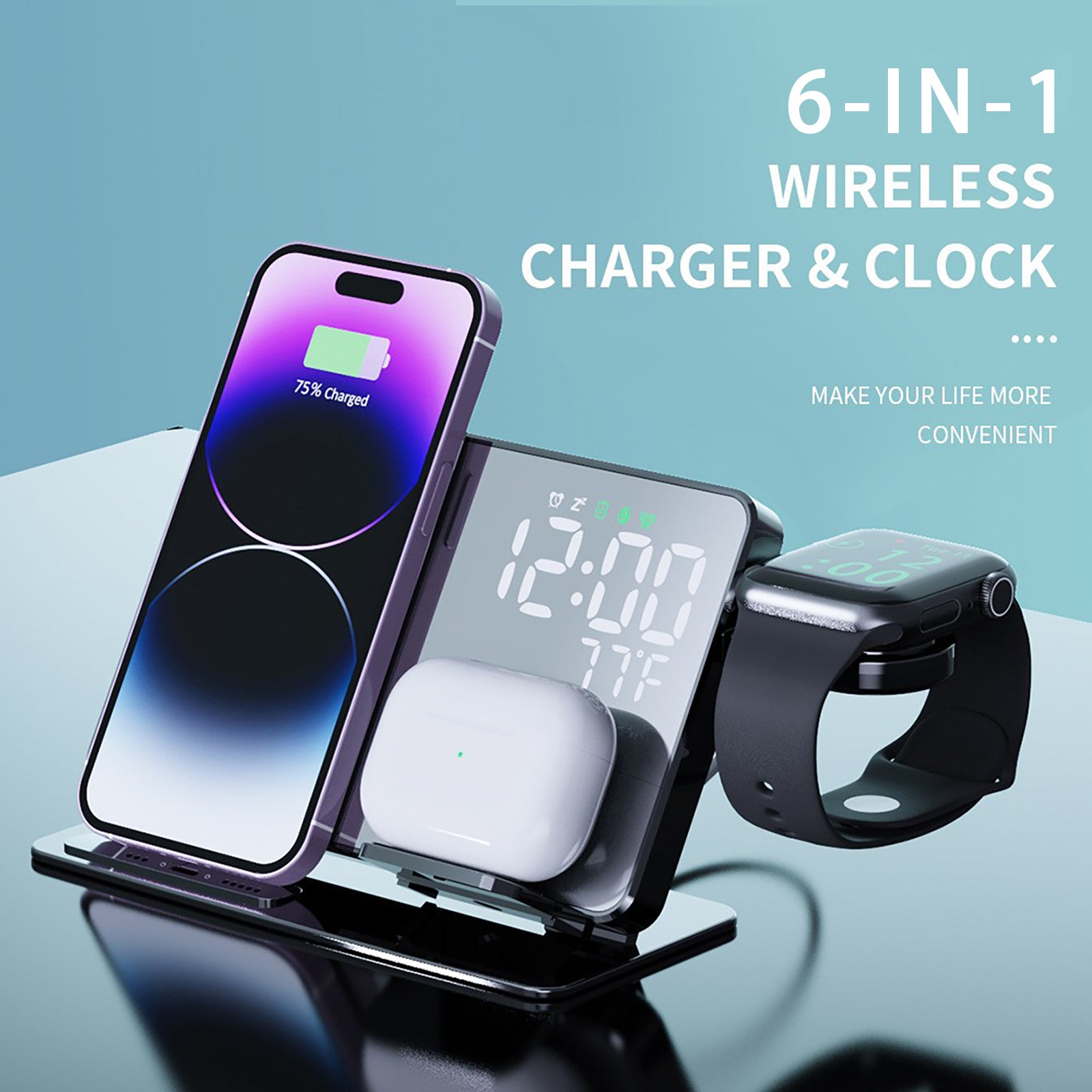 6-in-1 Wireless Charging Station Charger Clock for iPhone 17 16 15 Apple Watch
