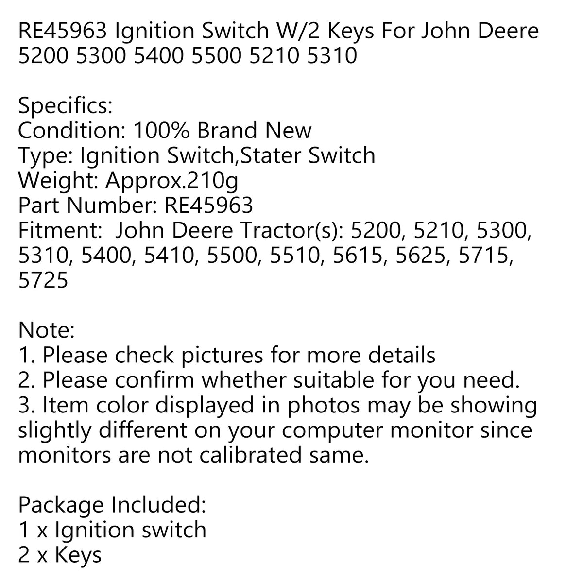 John Deere Tractor 5715 Ignition Switch W/2 Keys RE45963 Generic