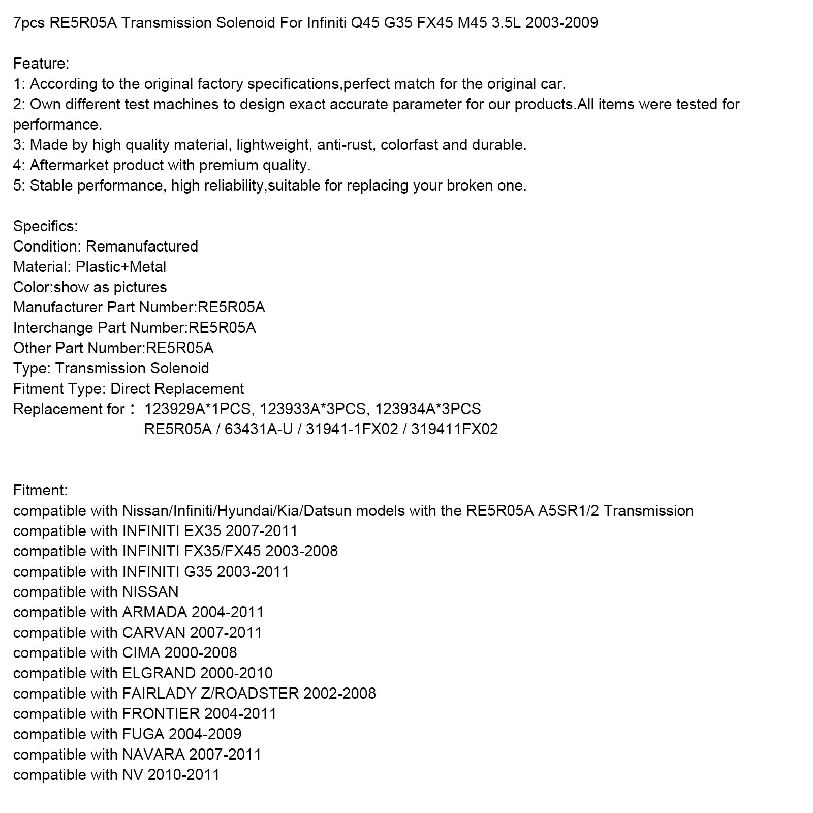 NISSAN XTERRA FRONTIER 7pcs RE5R05A Transmissiesolenoïde 63431A-U