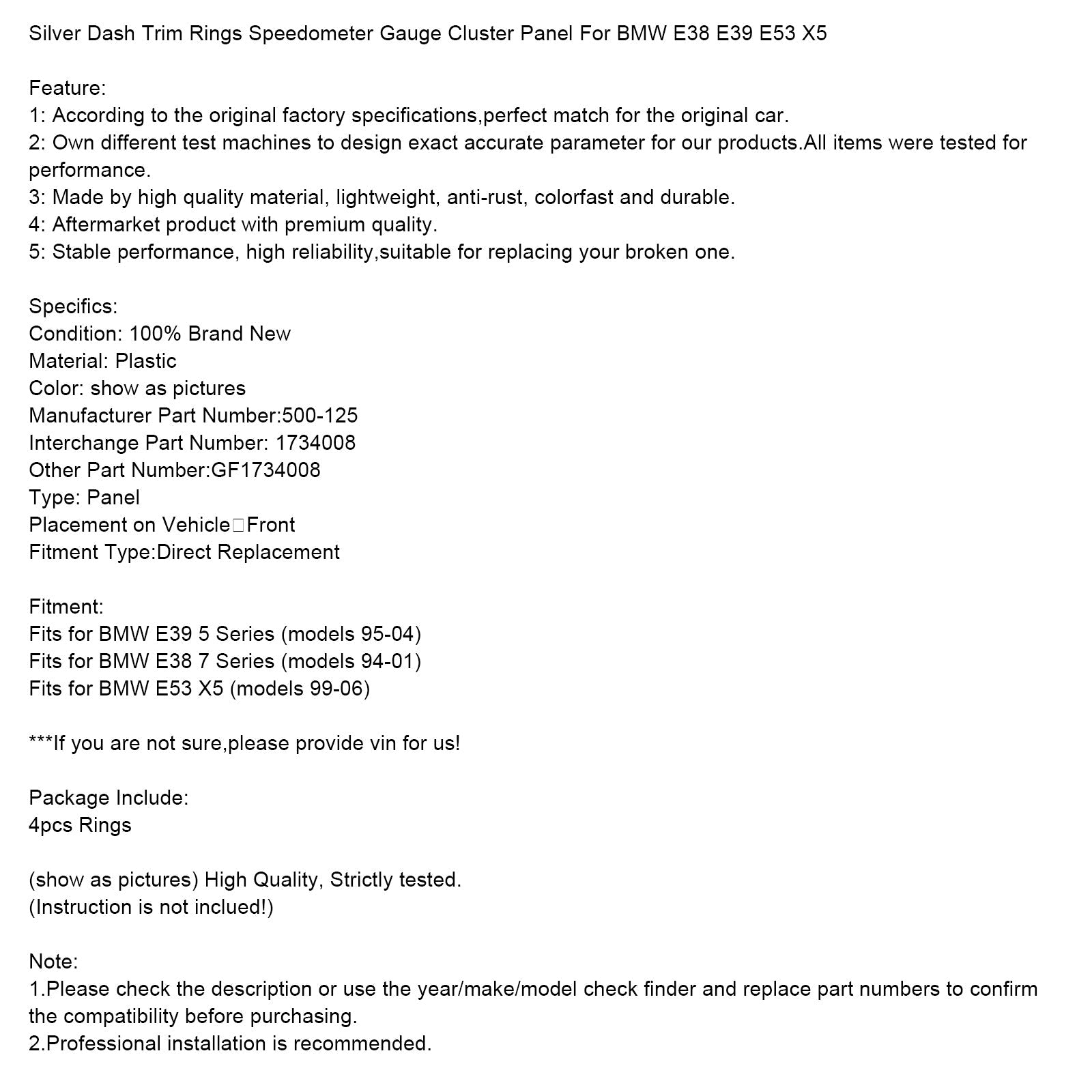 1994-2001 BMW E38 7 Series Silver Dash Trim Rings Speedometer Gauge Cluster Panel 500-125