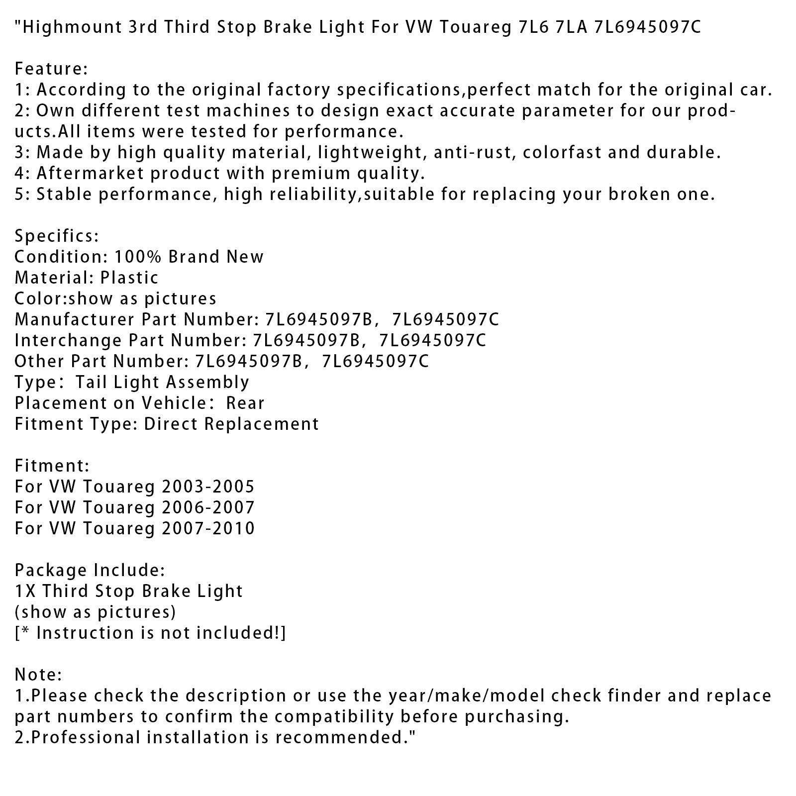 2003-2010 VW Touareg Highmount 3rd Third Stop Brake Light 7L6 7LA 7L6945097C