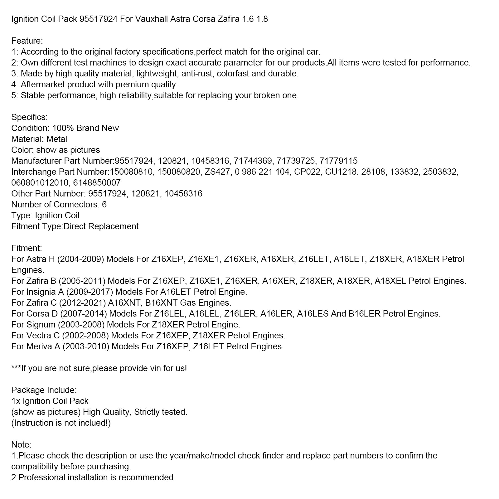 Ignition Coil Pack 95517924 For Vauxhall Astra Corsa Zafira 1.6 1.8