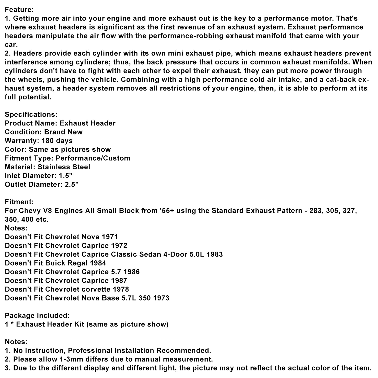 Exhaust Header Manifold Fit Chevy Small Block SB V8 262 265 283 305 327 350 400