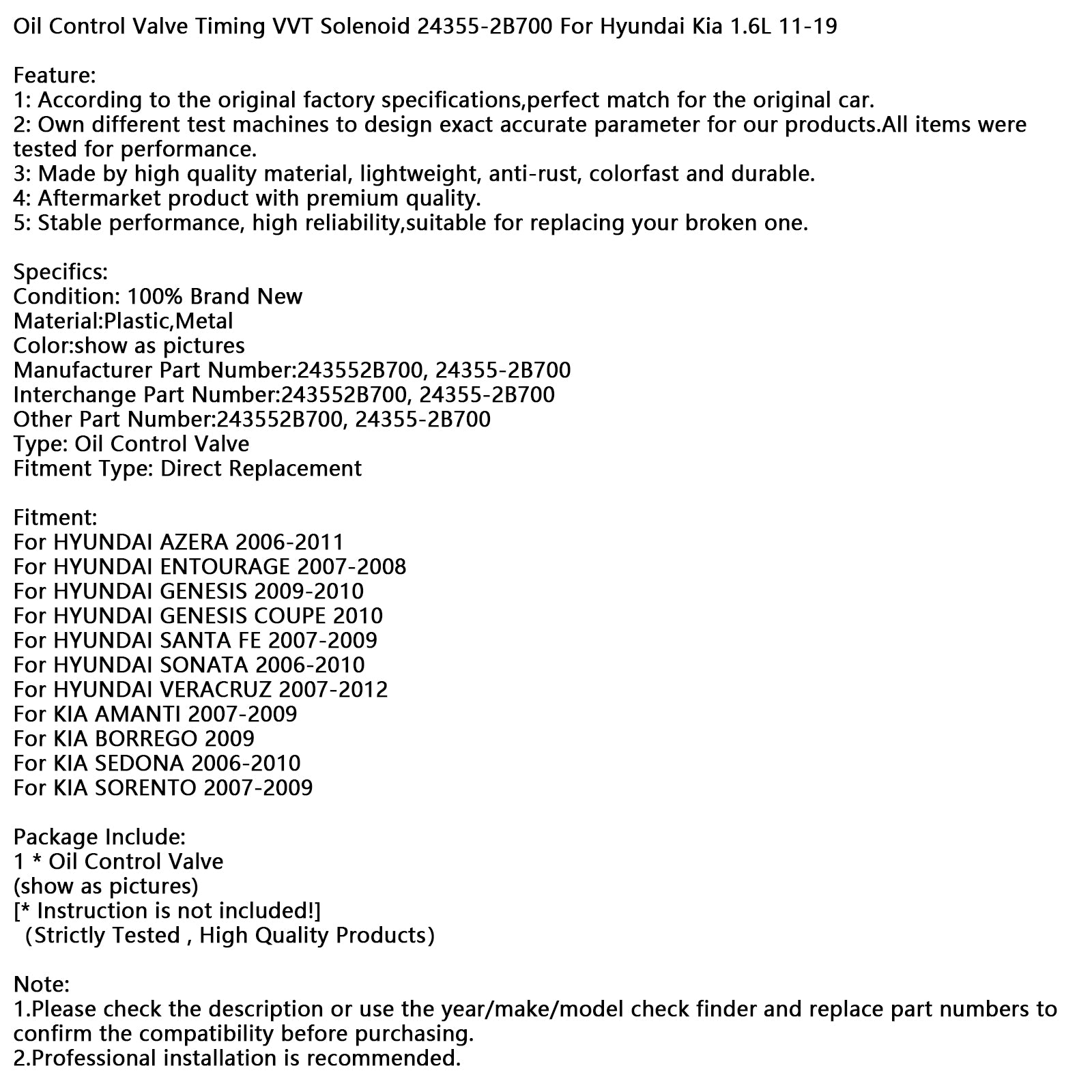 Olie Regelklep Timing VVT Solenoid 24355-2B700 Voor Hyundai Kia 1.6L 11-19