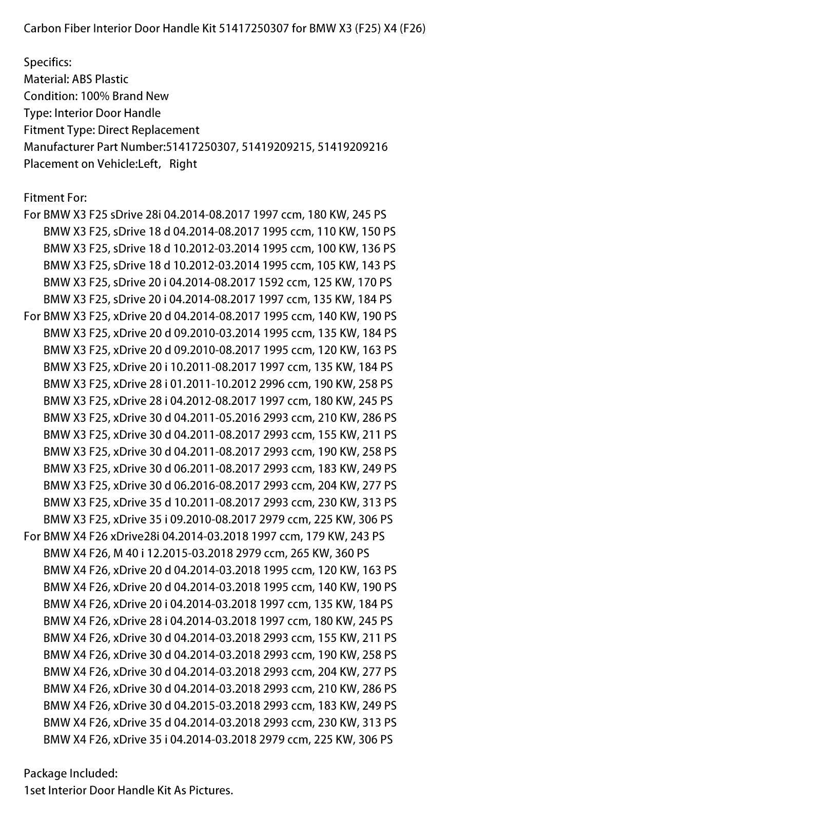 Carbon Fiber Interior Door Handle Kit 51417250307 for BMW X3 (F25) X4 (F26)