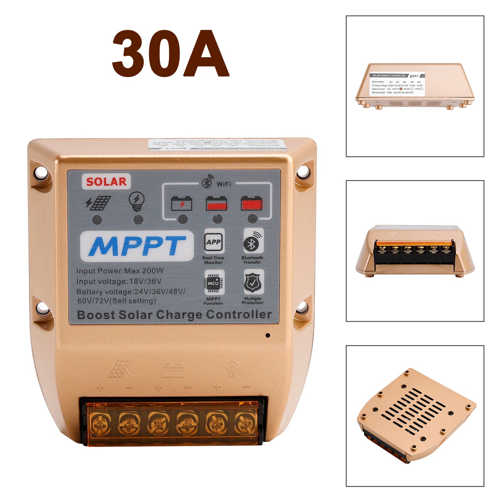 10A/20A/30A Boost MPPT-zonnecontroller 24V36V48V60V72V Mobiele APP Smart Control
