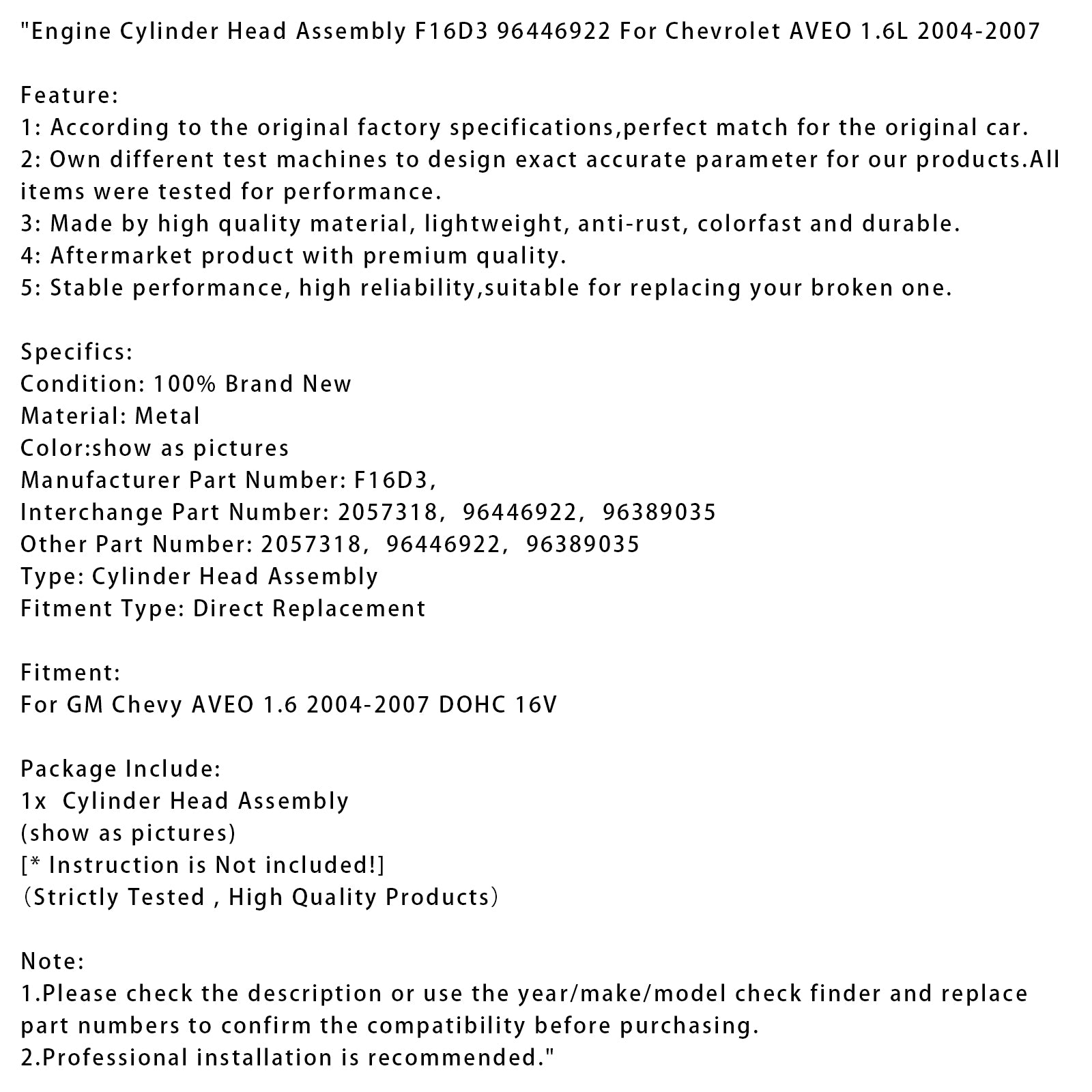 Engine Cylinder Head Assembly F16D3 96446922 For Chevrolet AVEO 1.6L 2004-2007