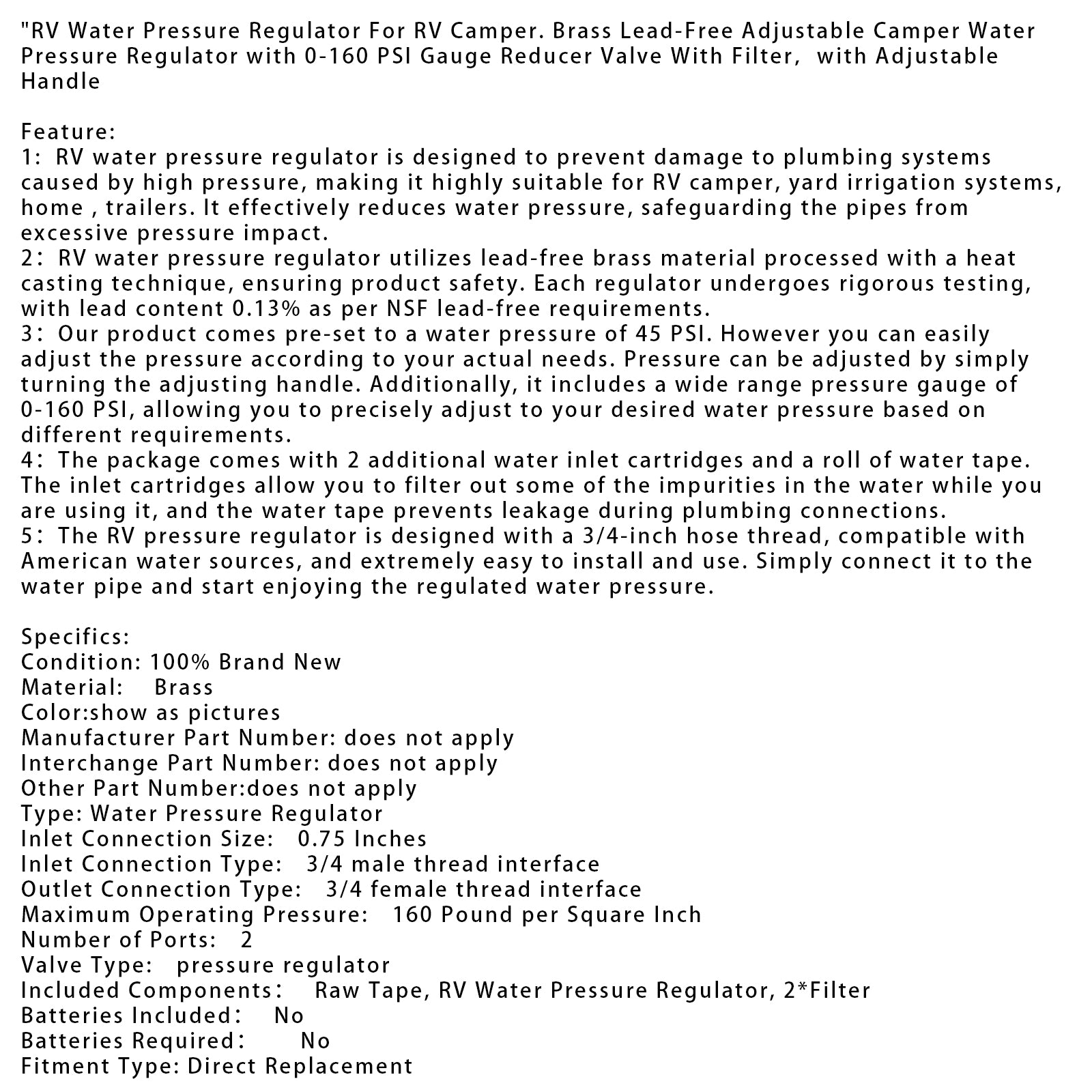 Régulateur de pression d'eau pour VR pour camping-car pour VR. Réglable sans plomb en laiton