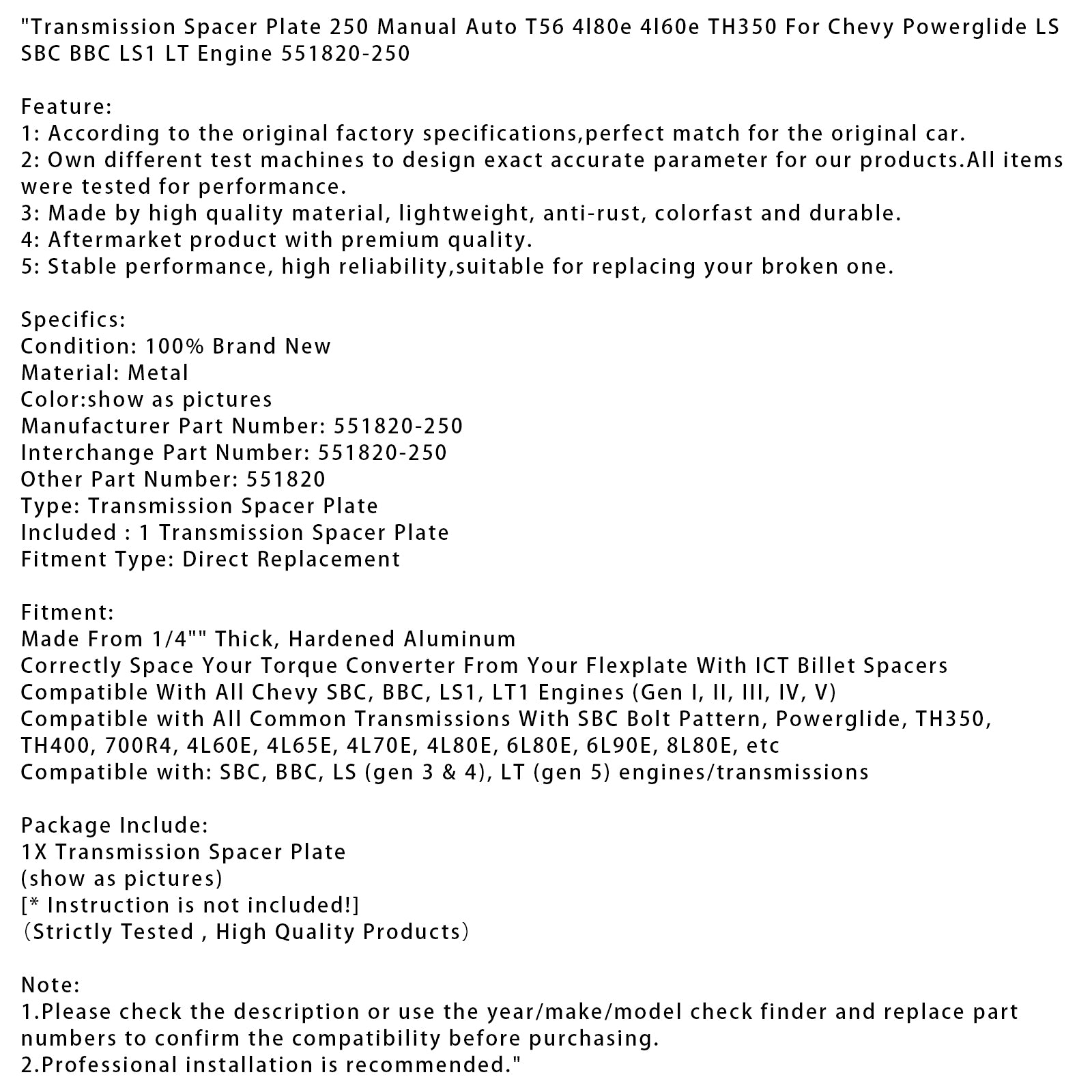 Transmission Spacer Plate 250 Manual Auto For Chevy Powerglide Engine