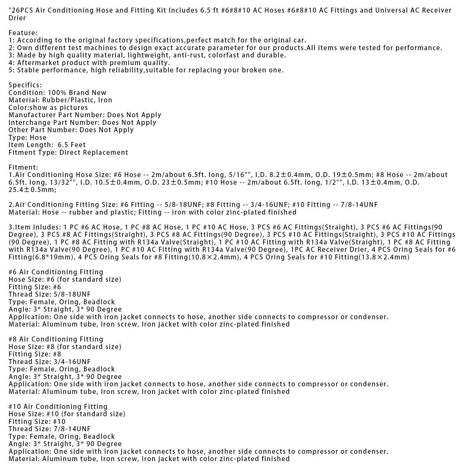 26PCS Air Conditioning Hose and Fitting Kit Includes 6.5 ft #6#8#10 AC Hoses