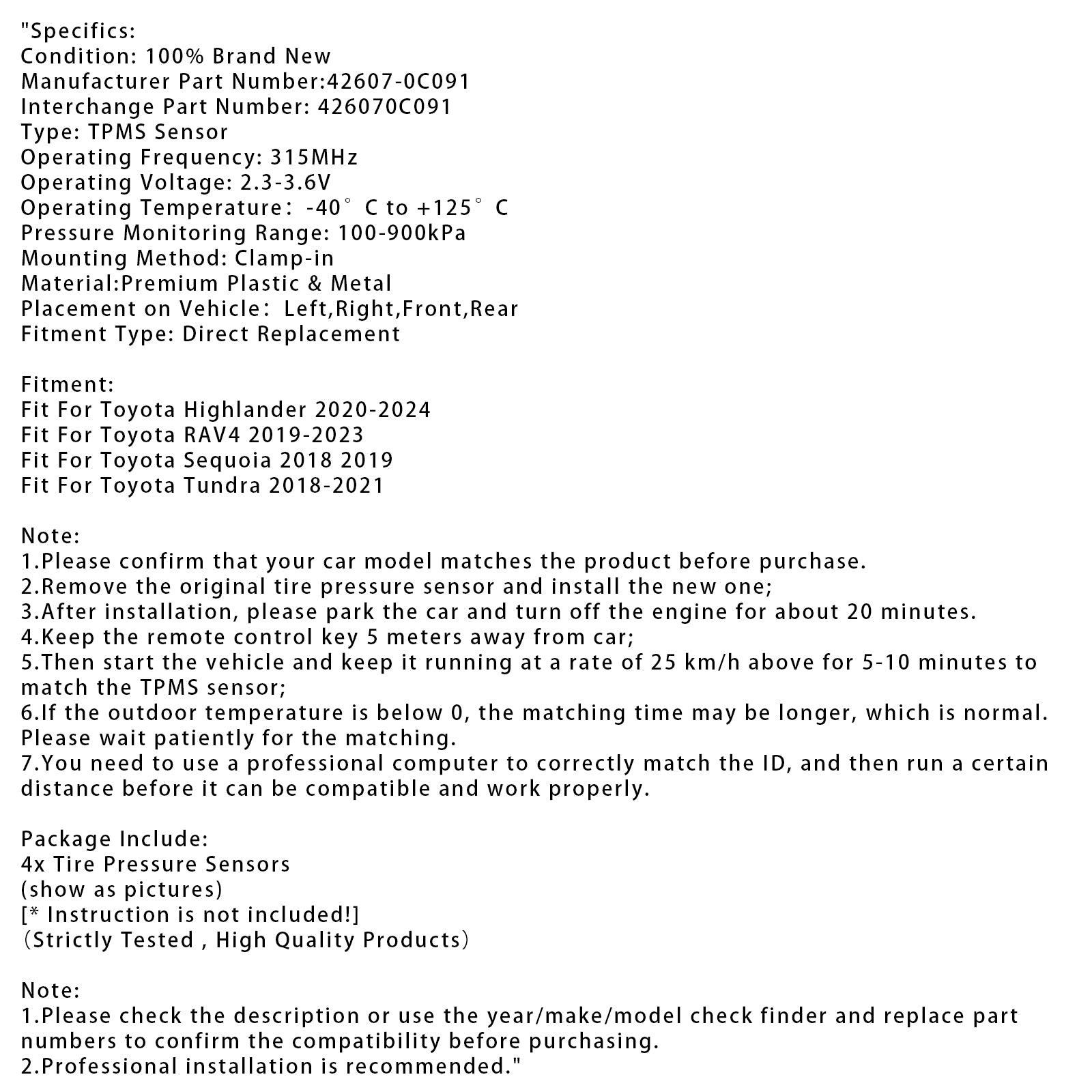 Sensor de presión de neumáticos 4X TPMS para Toyota RAV4 Highlander Tundra 426070C091