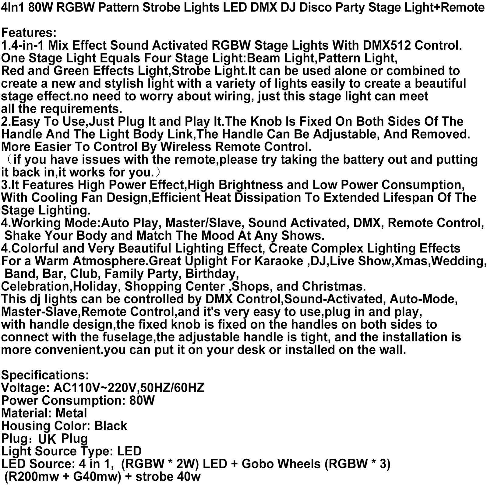 Lumières stroboscopiques à motif RGBW 4 en 1 80W, lumière de scène LED DMX DJ Disco Party + télécommande