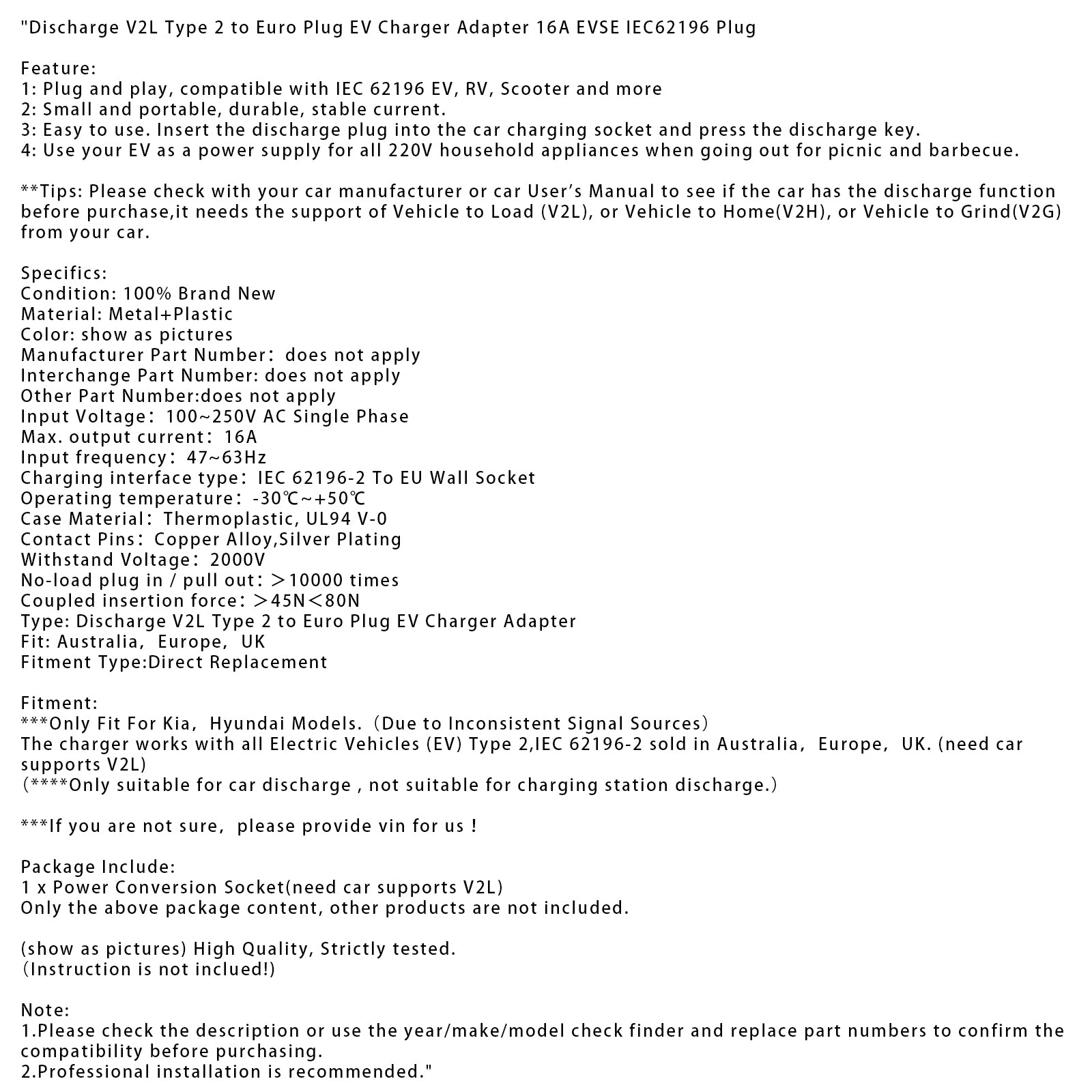 Discharge V2L Type 2 to Euro Plug EV Charger Adapter 16A EVSE IEC62196 Plug