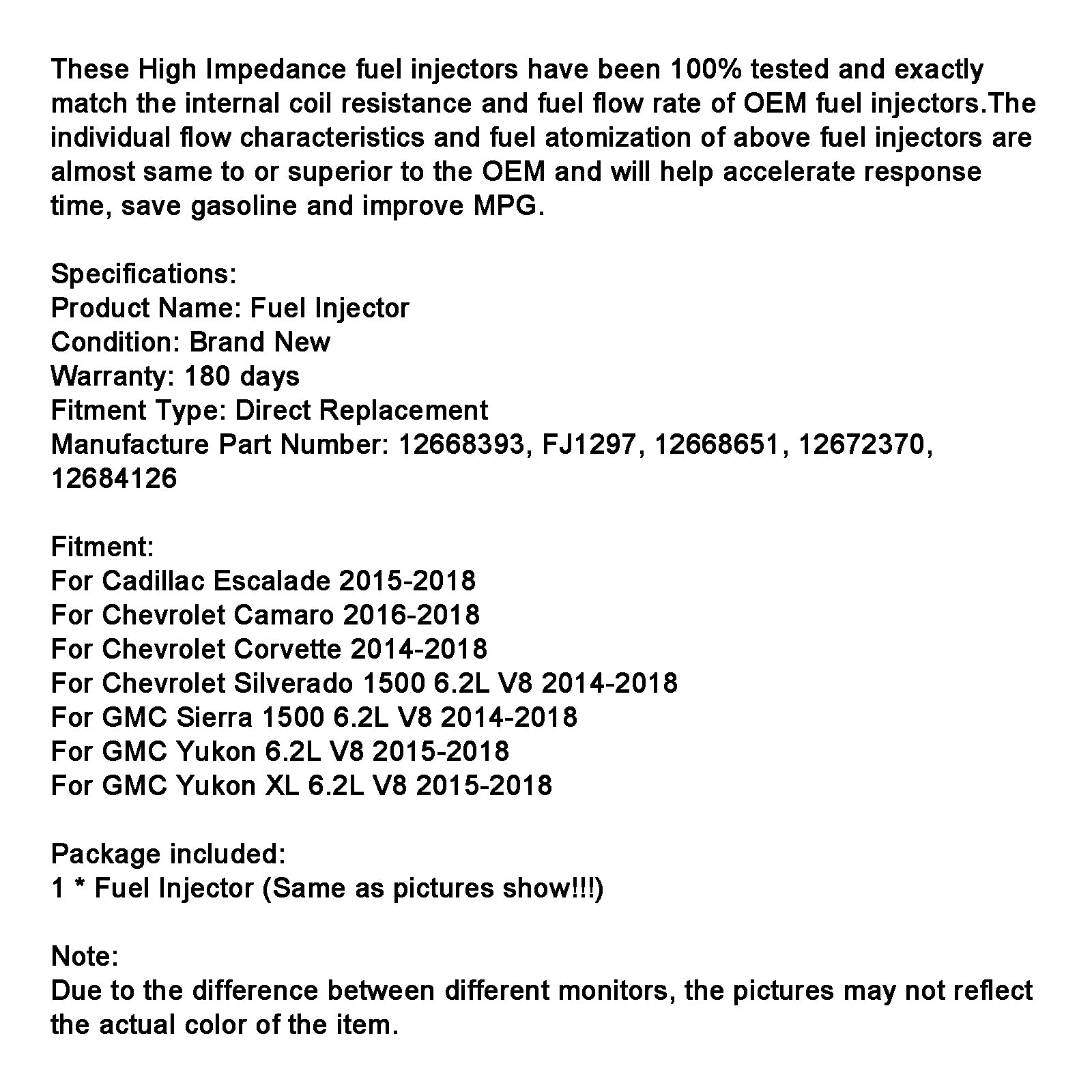 1 Uds inyector de combustible 12668393 compatible con Cadillac Escalade 2015-2018 compatible con Camaro 16-18