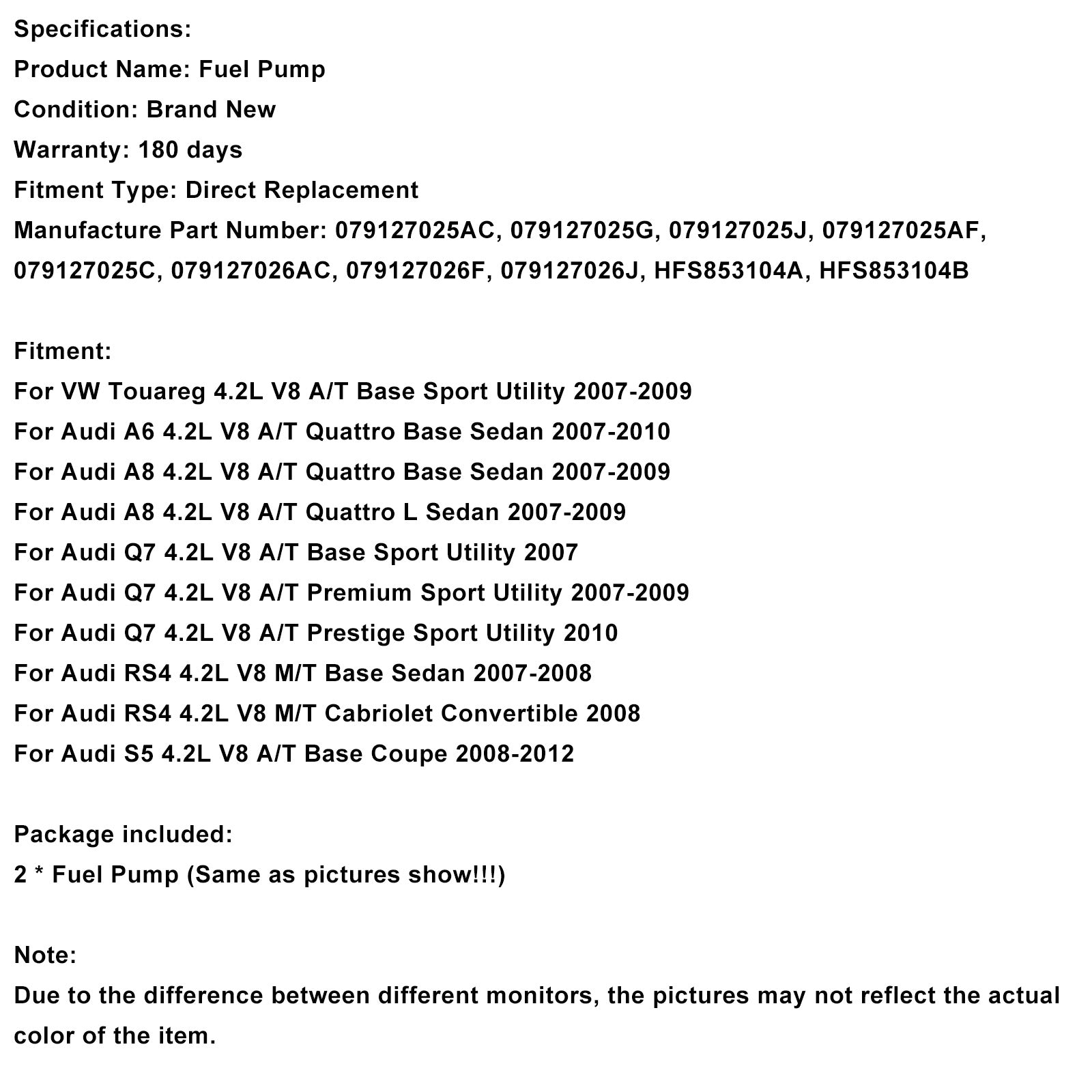 2PCS High Pressure Fuel Pump 079127025AC Fit Audi A6 A8 Quattro Q7 RS4 S5