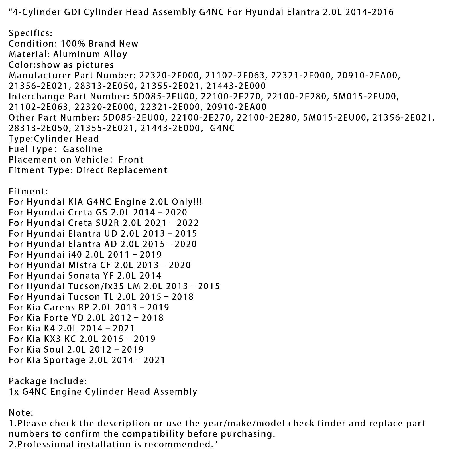 2014 Hyundai Sonata YF 2.0L 4-cilinder GDI-cilinderkop G4NC 22320-2E000